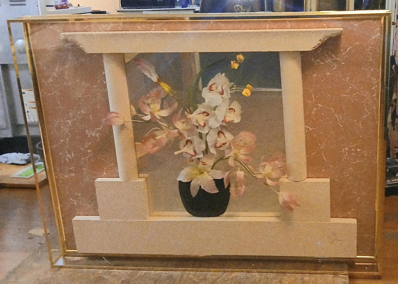 1990s Jon Gilmore Accessory Art Postmodern 3D Mirror Orchid Flower Vase Collage Sculpture - 2