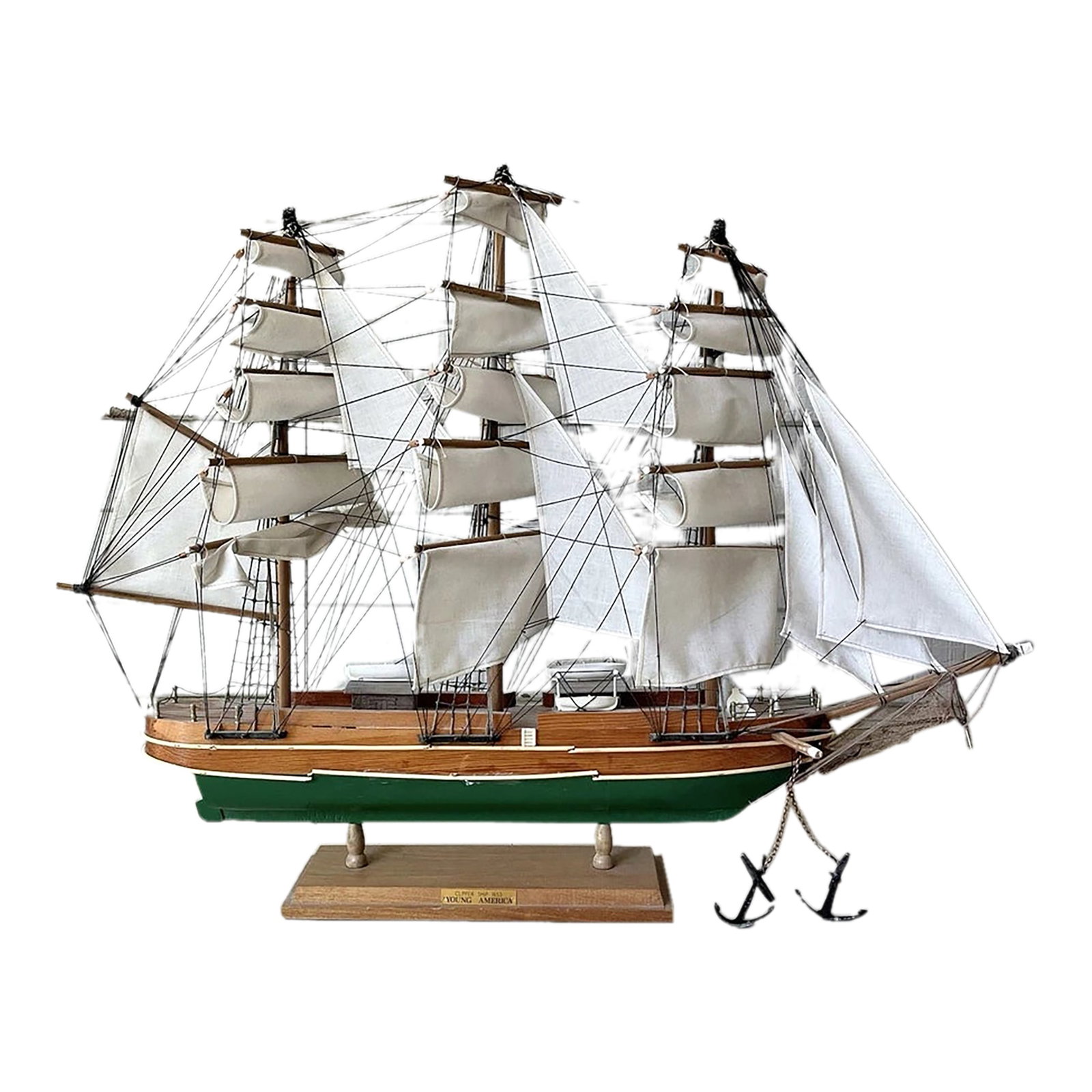1970s Large Wooden Representation Handmade 1853 Young America Replica Clipper Ship: Large Wooden Representation Handmade 1853 Young America Replica Clipper Ship 28" Good vintage condition. Flags and strings on all masts are intact. Damage to trim on the keel going to lower wale and
