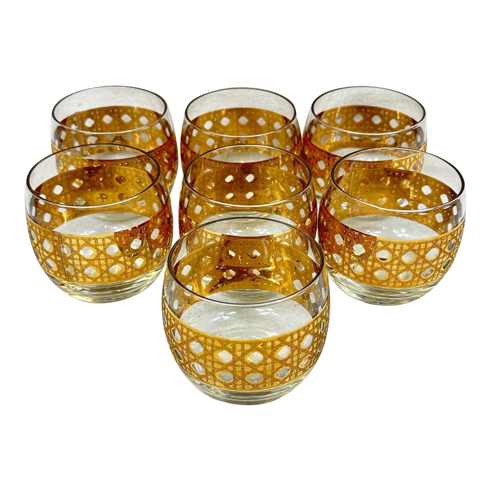 Vintage Culver Canella Glasses: Seven vintage Culver Canella roll-poly cocktail glasses decorated with a 24 gold cane design. This is a pre-owned item so please see all pictures and ask any questions. Condition: Alterations: