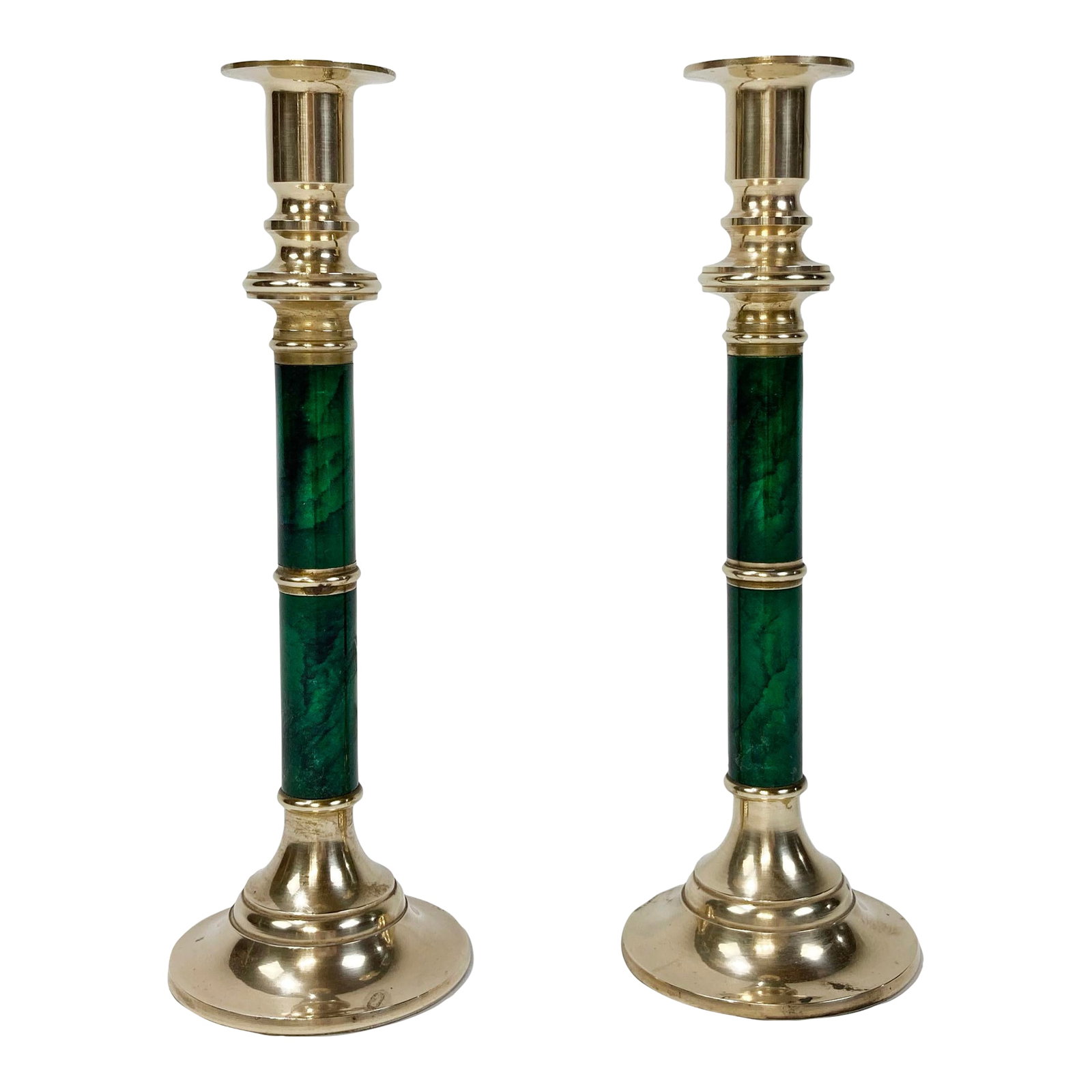 Vintage Brass and Faux Malachite Candlestick Holder Pair: Tall pair of vintage brass candlesticks featuring rich green faux malachite finish to columns. Patina to brass is stronger at bases. Condition: Alterations: Original Condition Unaltered