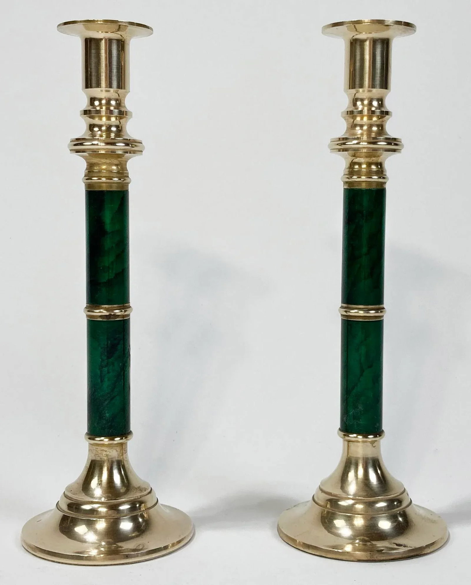 Vintage Brass and Faux Malachite Candlestick Holder Pair - 2