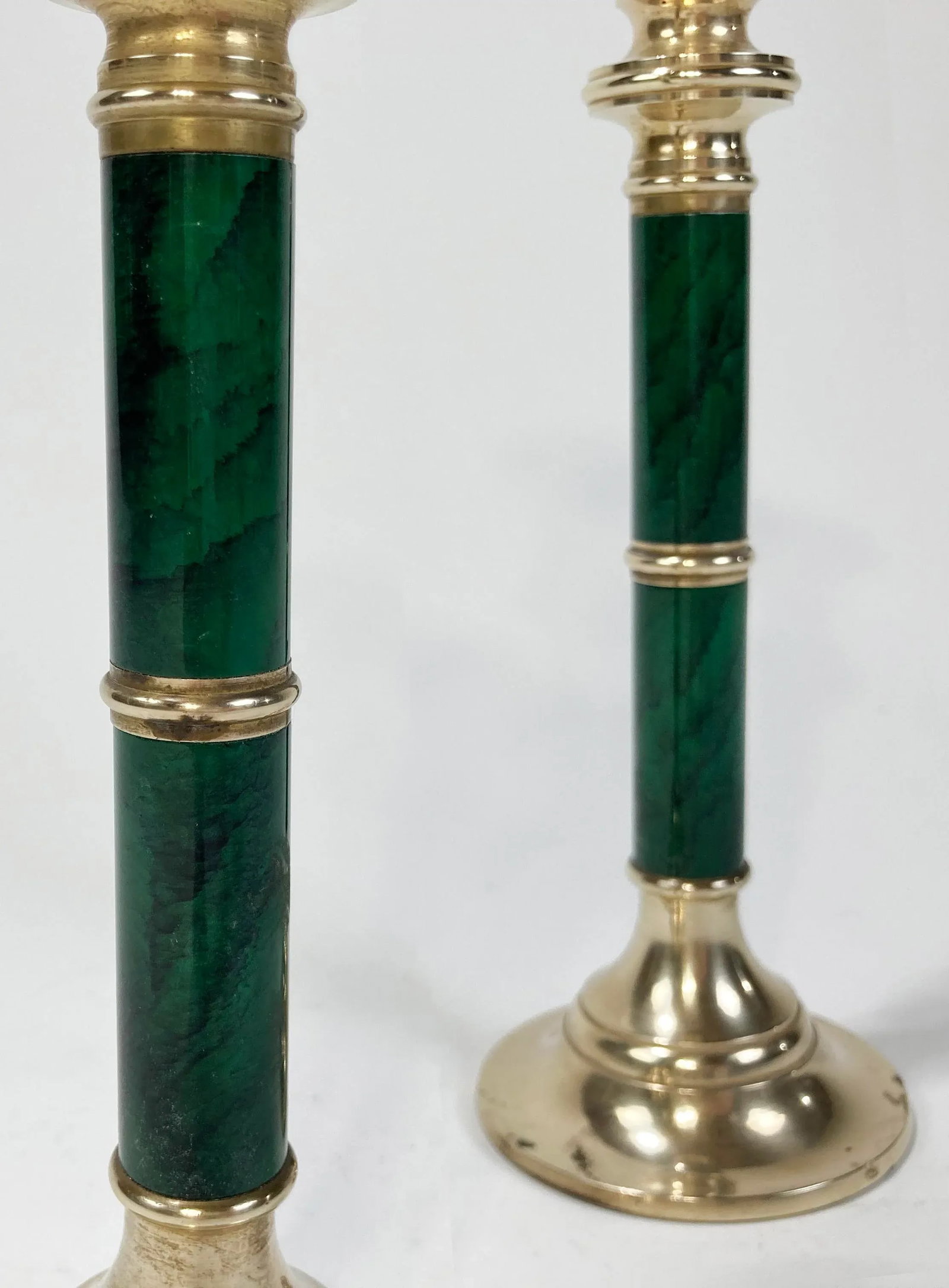 Vintage Brass and Faux Malachite Candlestick Holder Pair - 3