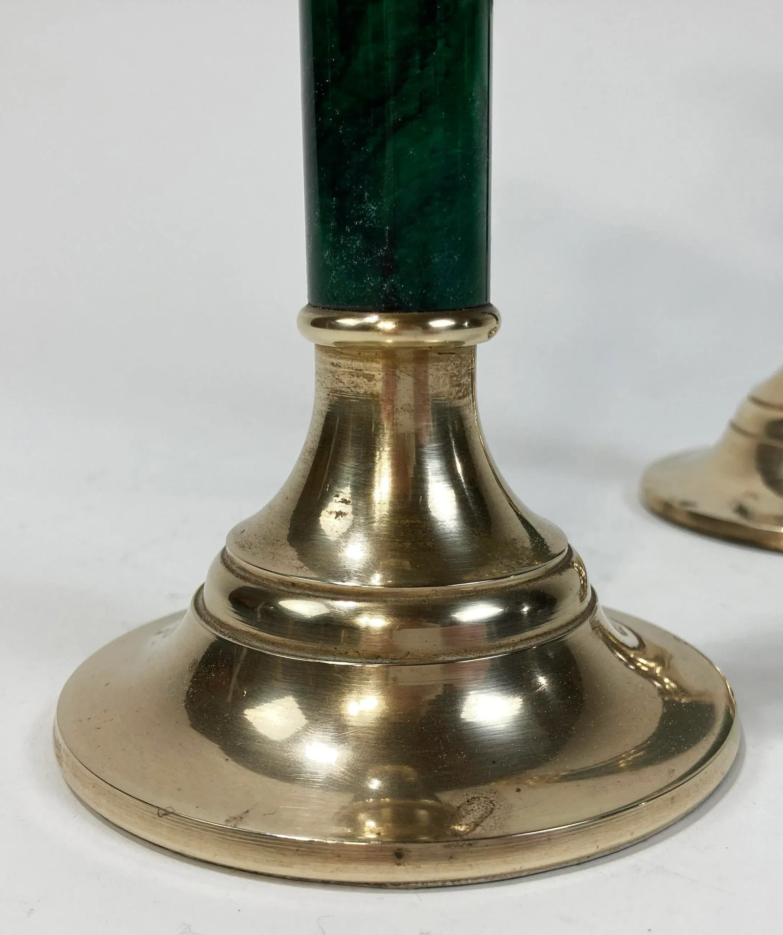 Vintage Brass and Faux Malachite Candlestick Holder Pair - 5