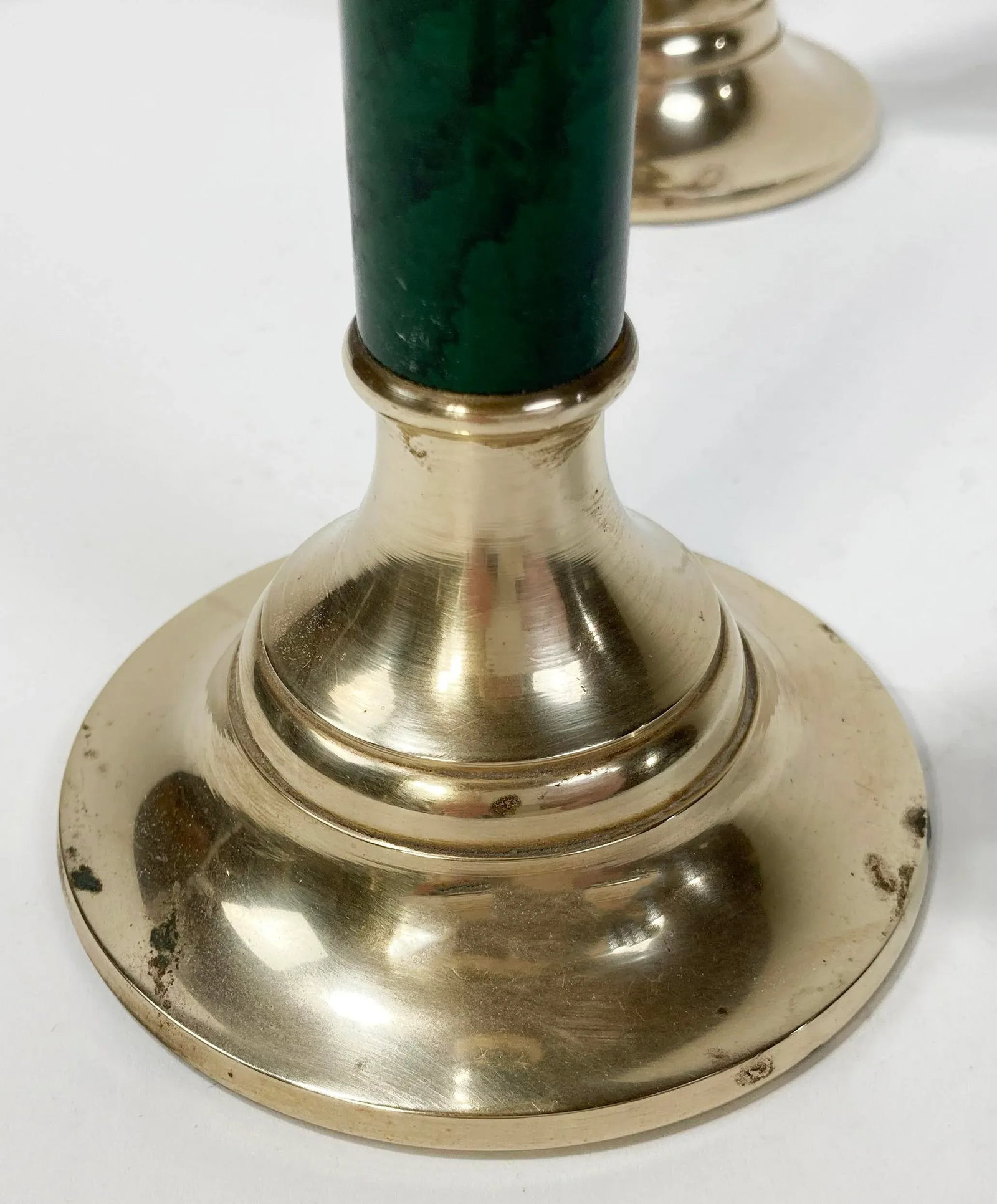 Vintage Brass and Faux Malachite Candlestick Holder Pair - 6