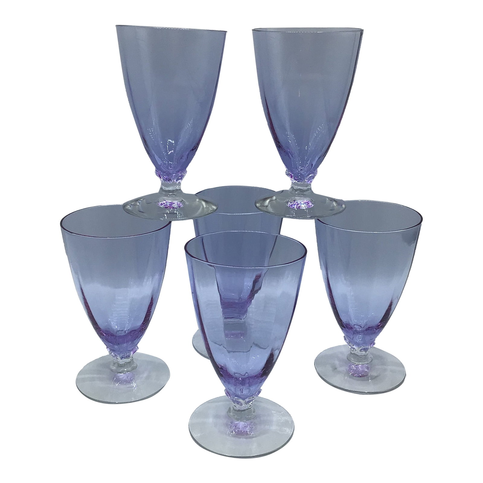 Art Deco Optic Wisteria Footed Juice Glasses by Fostoria Glass-Set of 6: Set of 6 footed juice or cocktail glass. Made by the Fostoria Glass Company in the mid 1930's. Art Deco style and very elegant. Condition: Alterations: Original Condition Unaltered Imperfections: Some