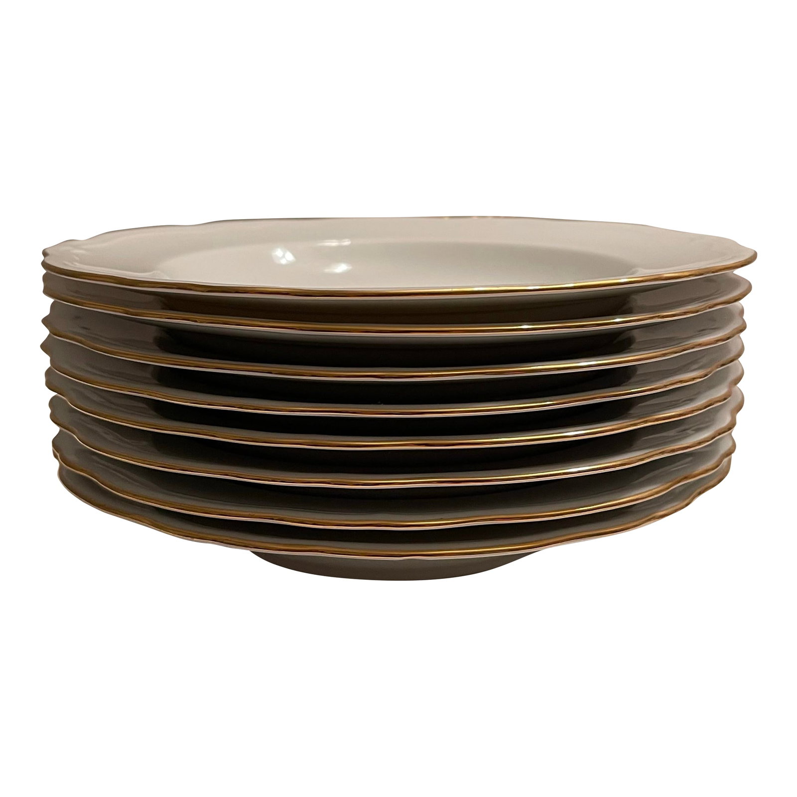 Late 20th Century Mikasa Gold Coin Soup Bowls - Set of 8: Set of 8 Mikasa Gold Coin Soup Bowls. Lovely condition! Shimmers and shines, as photographed. Description: All White, Embossed Line On Edge Pattern: Gold Coin by Mikasa Status: Discontinued. Period: 1