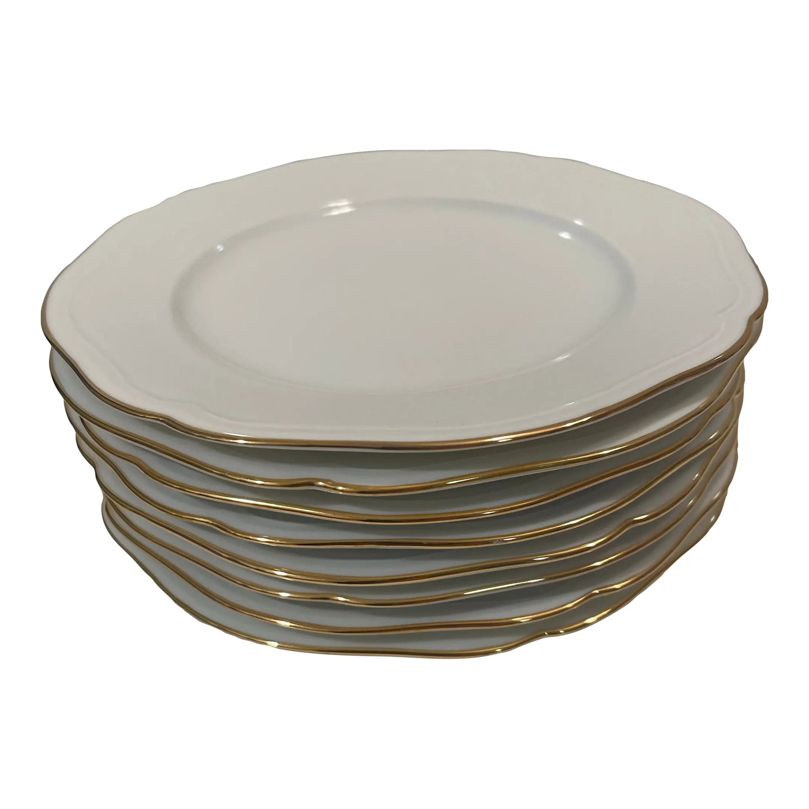 Late 20th Century Mikasa Gold Coin Salad Plates - Set of 8: Set of 8 Salad Plates. Lovely, shiny condition! As lovely as they are pictured. Description: All White, Embossed Line On Edge Pattern: Gold Coin by Mikasa Status: Discontinued. Period: 1985 - 1985