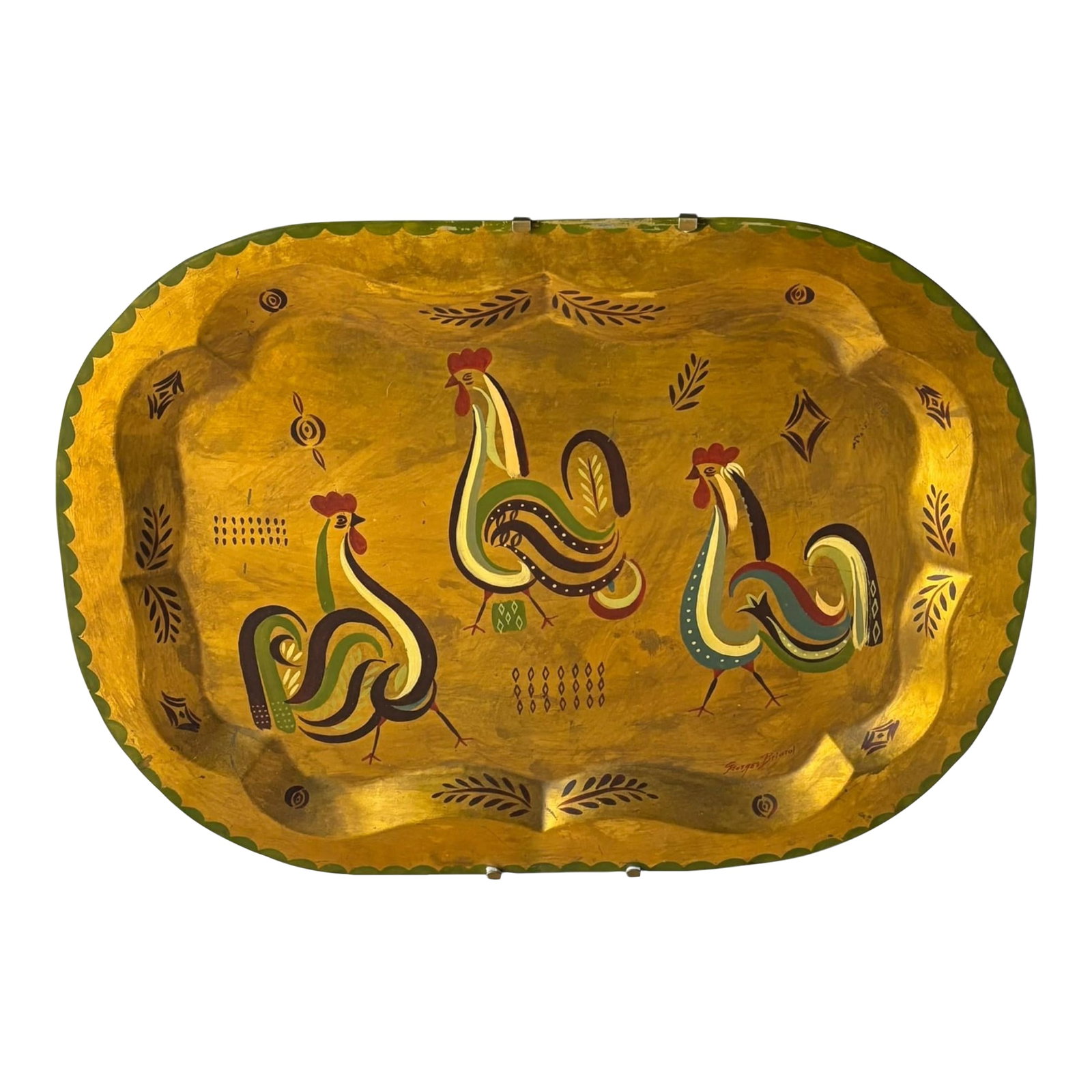 Vintage Hand Painted Toleware Tray by Georges Briard: Vintage hand painted Toleware tray by Georges Briard (United States, 1917-2005), featuring a trio of roosters and signed lower right. The tray exhibits some minor scratches / losses, as would be