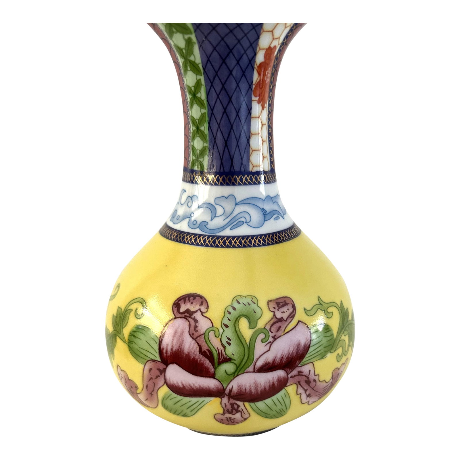 Vintage Chinese Lotus Flower Vase: Beautiful Chinese porcelain vase featuring a colorful hand-painted lotus flower motif with gold accents. Excellent condition. Condition: Alterations: Original Condition Unaltered Imperfections: Some