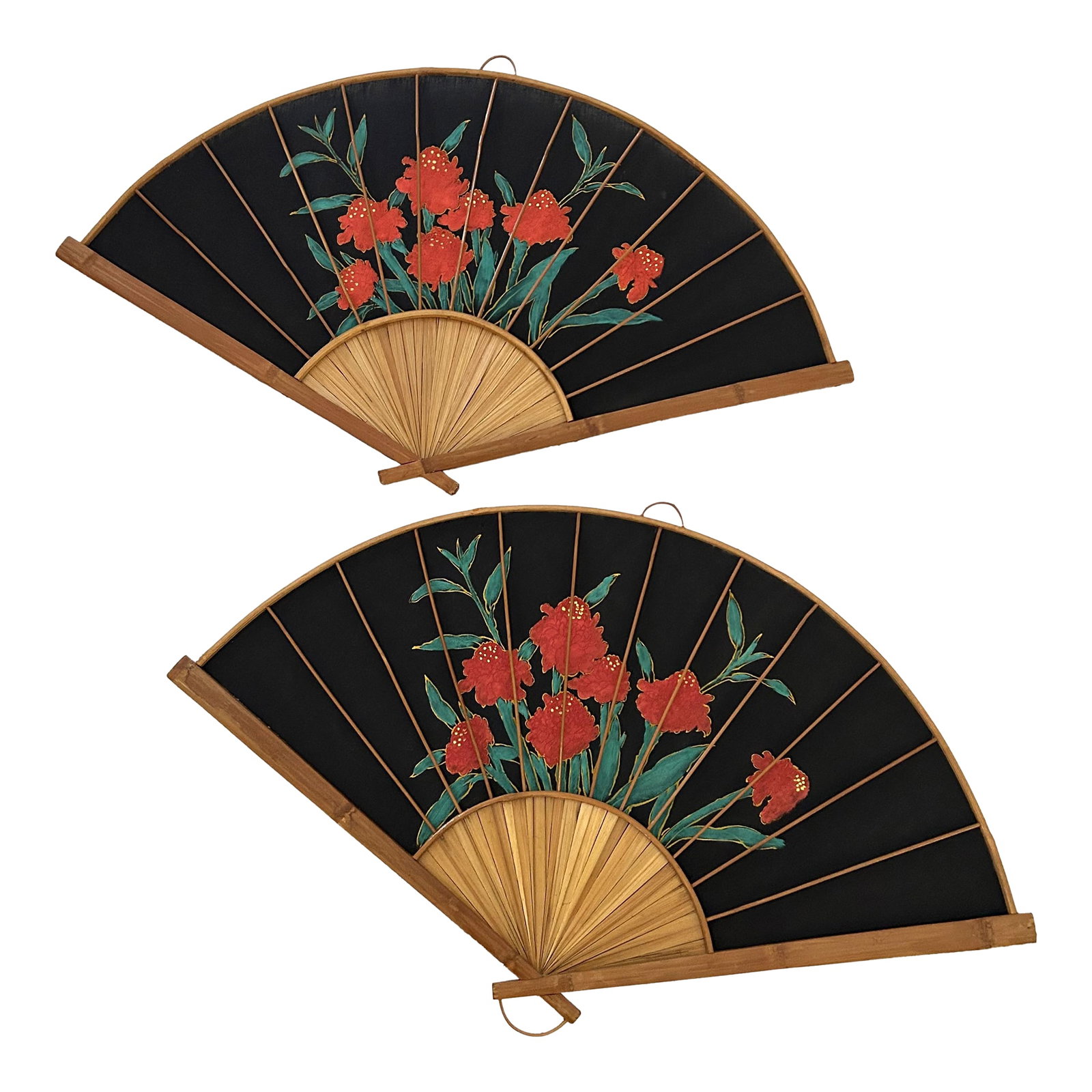 Vintage Large Hand-Painted Bamboo & Fabric Red Iris Wall Fans, a Pair: Striking vintage oversized pair of black fabric and bamboo hanging wall vans featuring a hand-painted red Iris flower motif. Loops for hanging. Condition: Alterations: Original Condition Unaltered