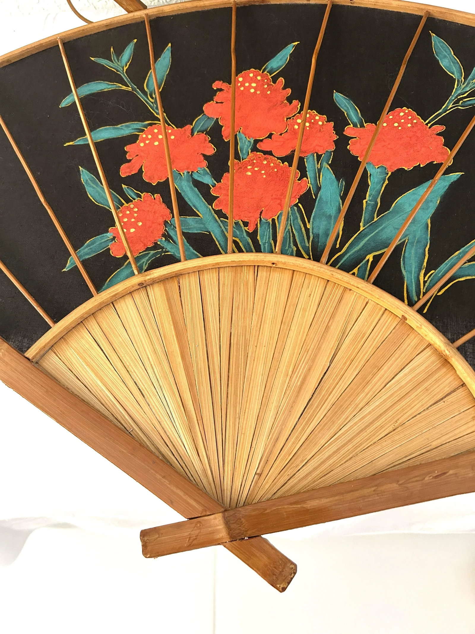 Vintage Large Hand-Painted Bamboo & Fabric Red Iris Wall Fans, a Pair - 2