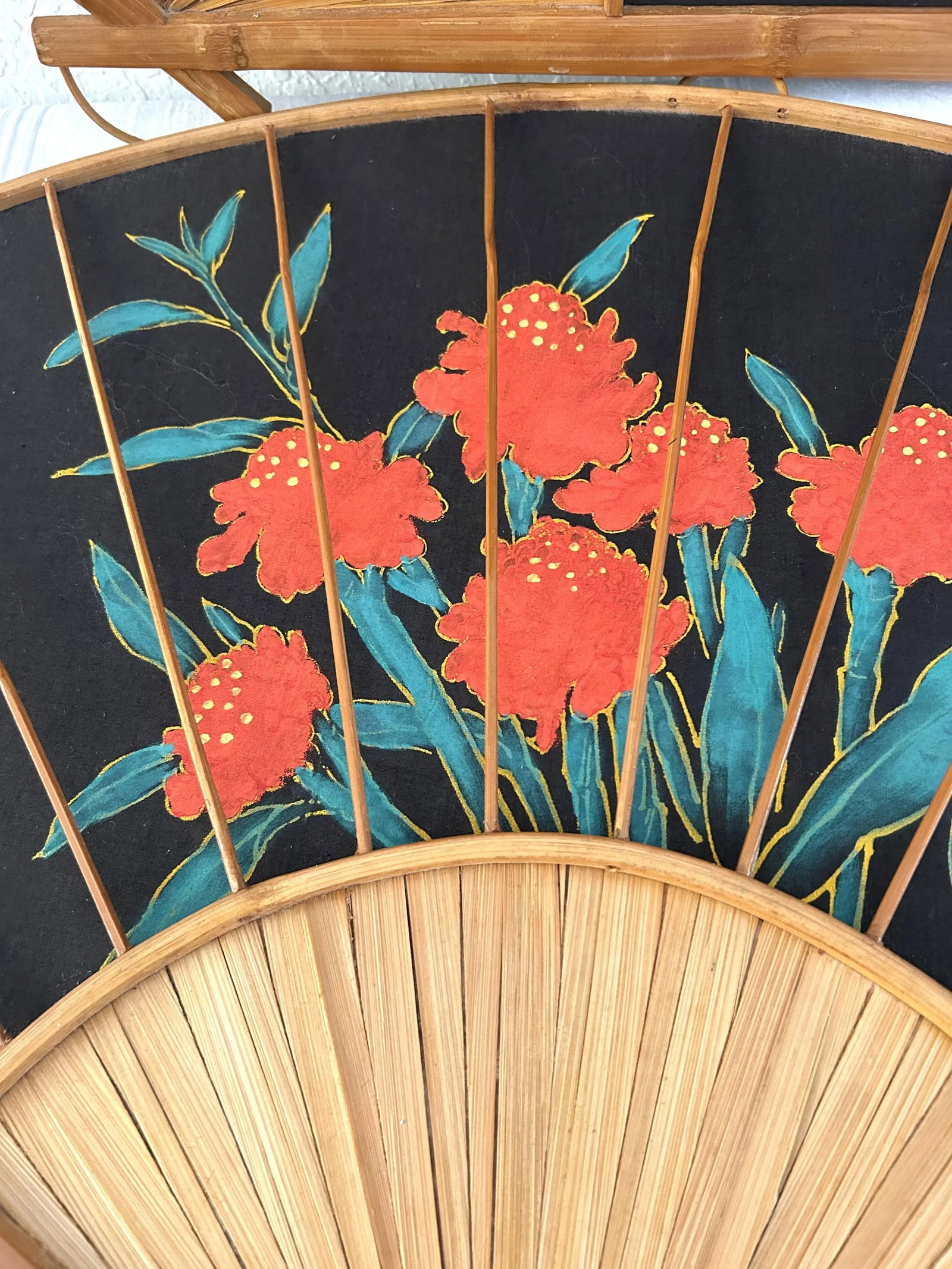 Vintage Large Hand-Painted Bamboo & Fabric Red Iris Wall Fans, a Pair - 3