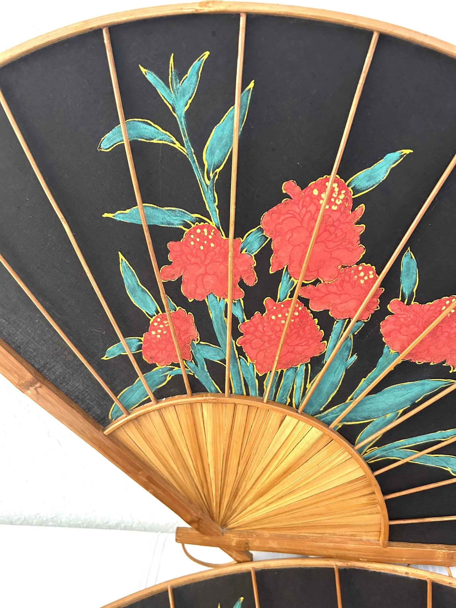 Vintage Large Hand-Painted Bamboo & Fabric Red Iris Wall Fans, a Pair - 4