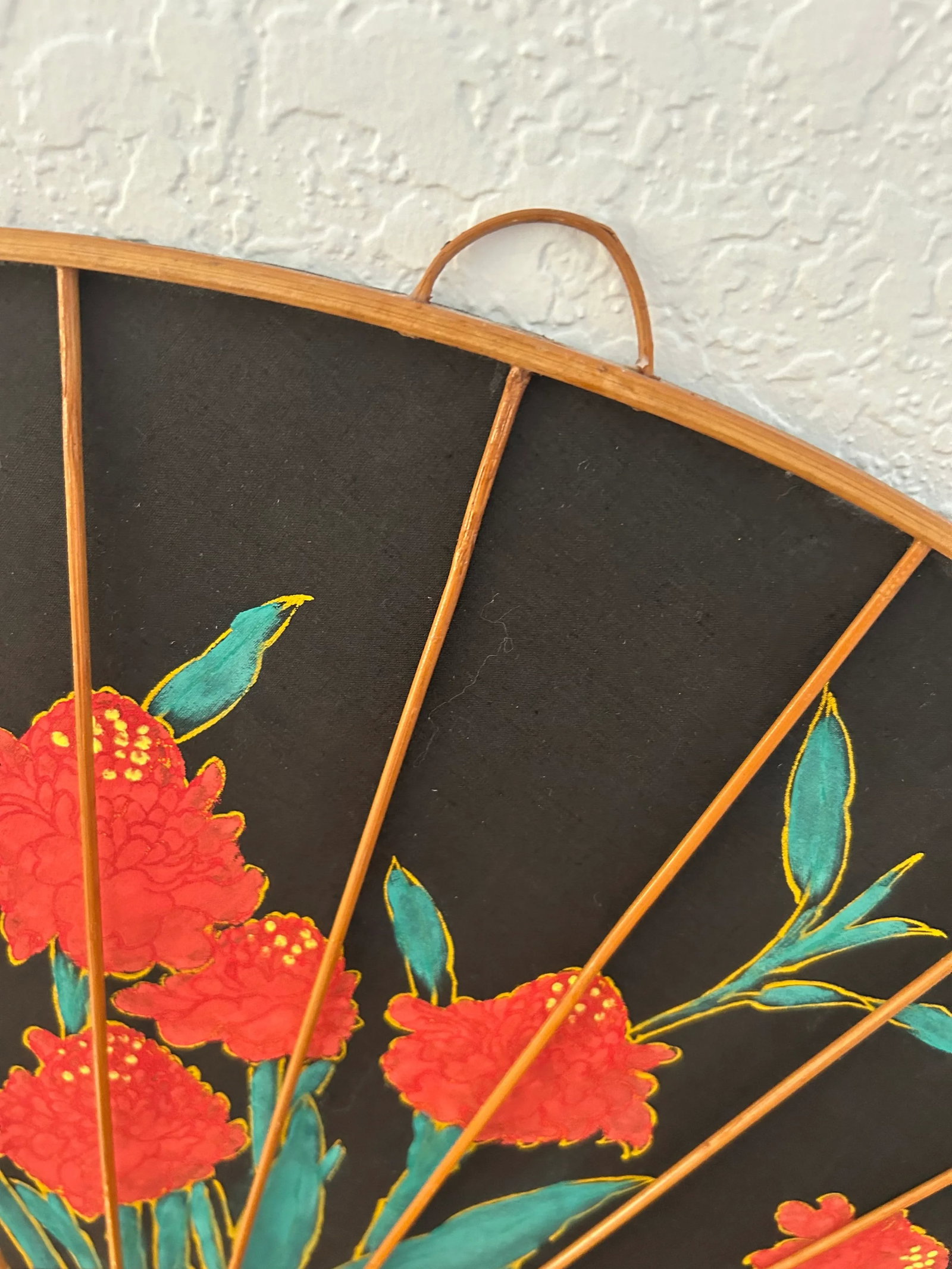 Vintage Large Hand-Painted Bamboo & Fabric Red Iris Wall Fans, a Pair - 5