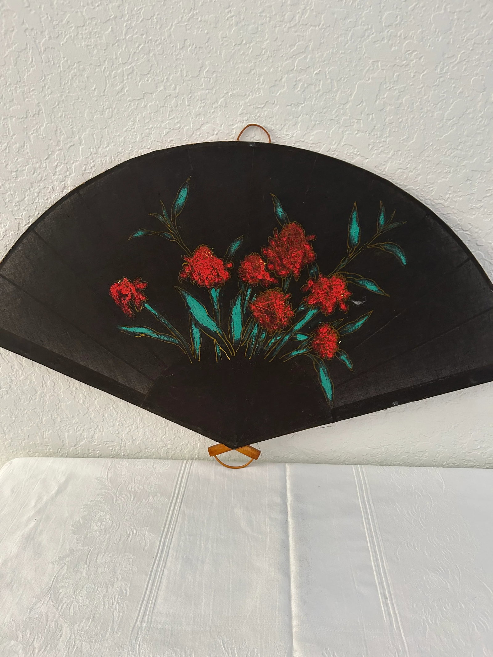 Vintage Large Hand-Painted Bamboo & Fabric Red Iris Wall Fans, a Pair - 6