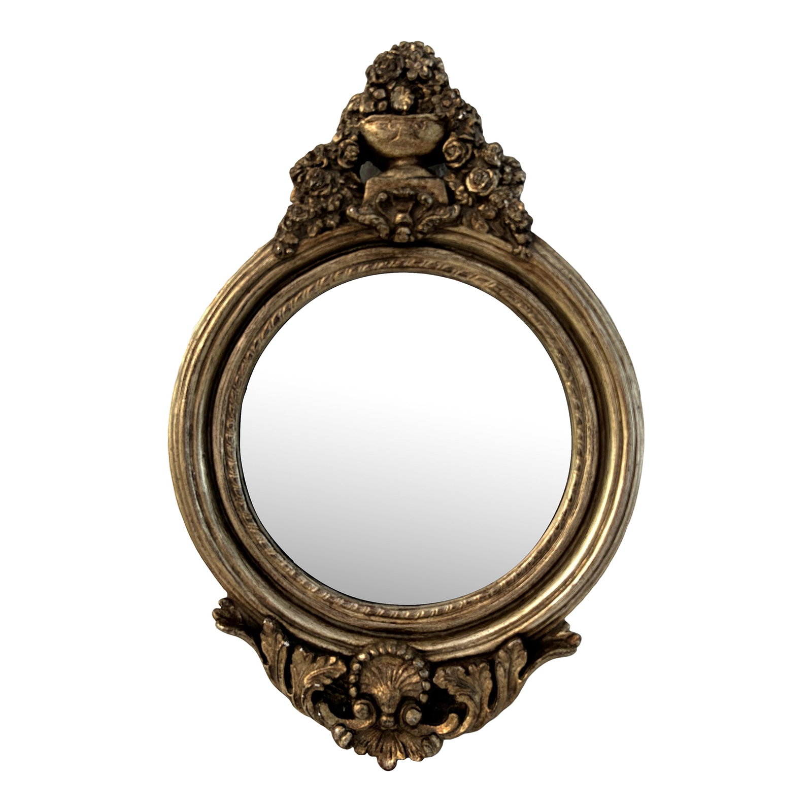 Mid-Century Syroco Rococo Gilded Wall Mirror: Lovely mid-century ornate Syroco wall mirror featuring a burnished gold gilt finish. Round beveled edge mirror insert. Wired and ready to hang. Condition: Alterations: Original Condition Unaltered