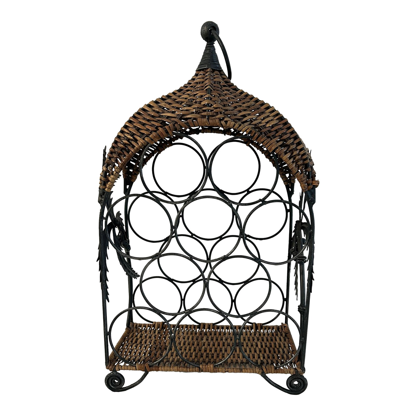 Vintage Wicker & Metal Palm Tree Wine Rack: Vintage wicker and metal wine rack features metal figural palm trees with coconuts on each side of rack in a gunmetal finish. Rack holds ten bottles. Condition: Alterations: Original Condition