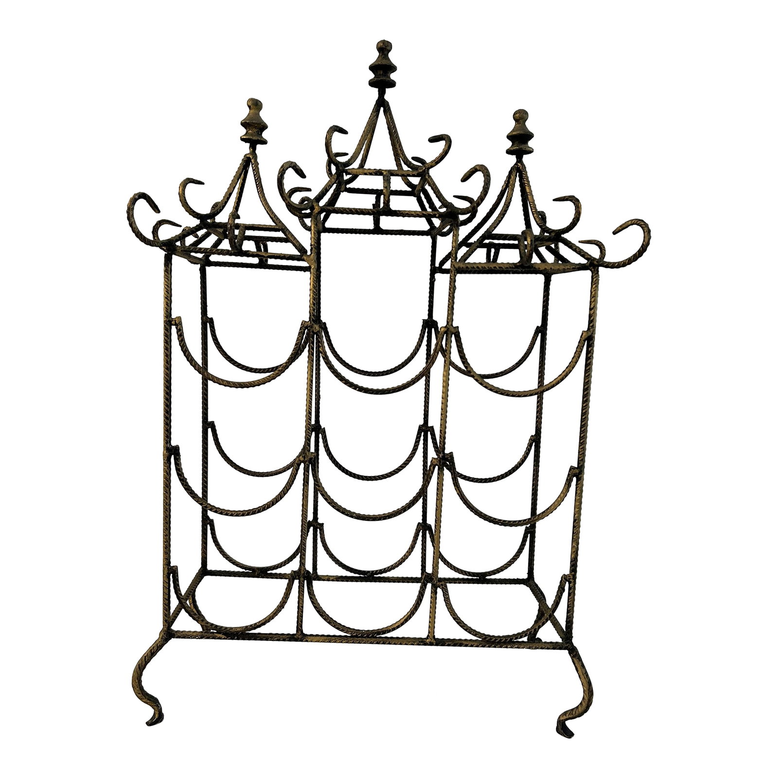 Vintage Chinoiserie Burnished Gold Metal Pagoda Wine Rack: Stylish vintage Chinoiserie style wine rack in a Pagoda design. Rack features ornate burnished gold metal scrollwork, twisted metal detailing, and a tiered roofline. Rack holds nine bottles. Great