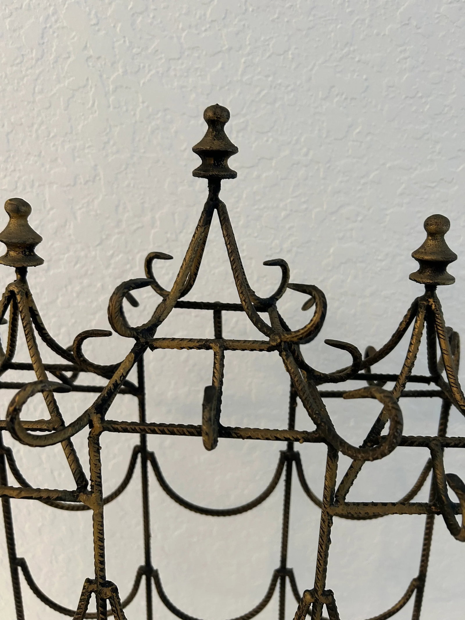 Vintage Chinoiserie Burnished Gold Metal Pagoda Wine Rack - 4