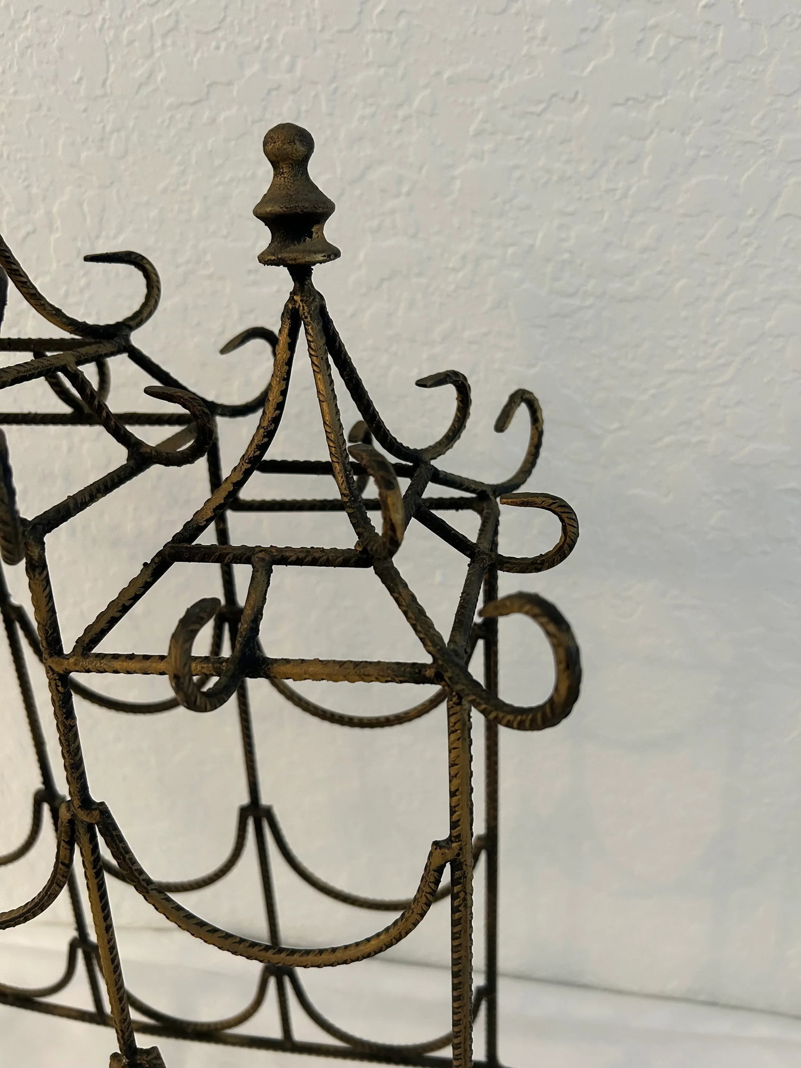 Vintage Chinoiserie Burnished Gold Metal Pagoda Wine Rack - 5