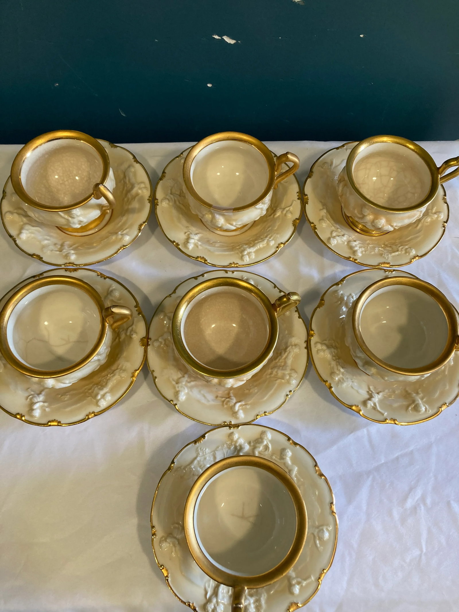 Antique Ernst Bohne Sohne Cherub Teacup and Saucer With Gold Trim Set- 14 Pieces - 2