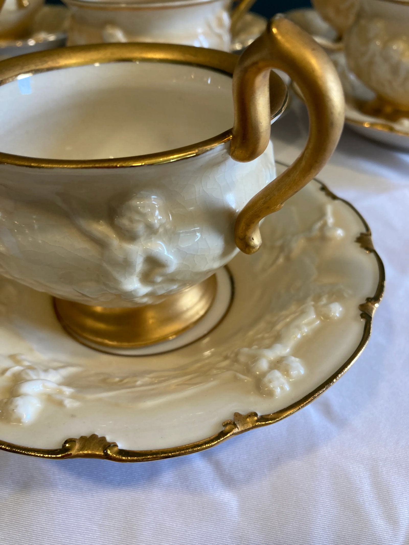Antique Ernst Bohne Sohne Cherub Teacup and Saucer With Gold Trim Set- 14 Pieces - 3