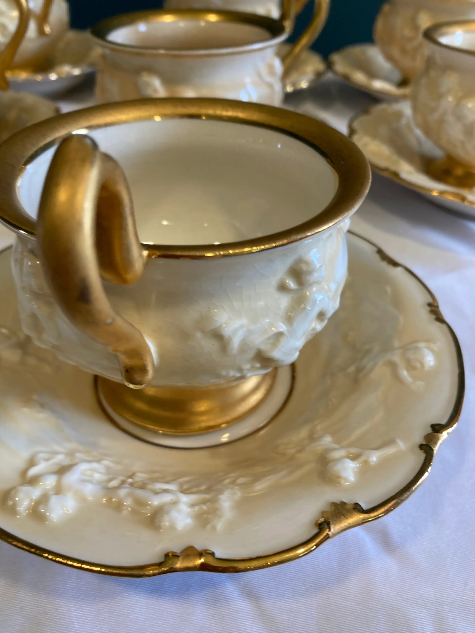 Antique Ernst Bohne Sohne Cherub Teacup and Saucer With Gold Trim Set- 14 Pieces - 4