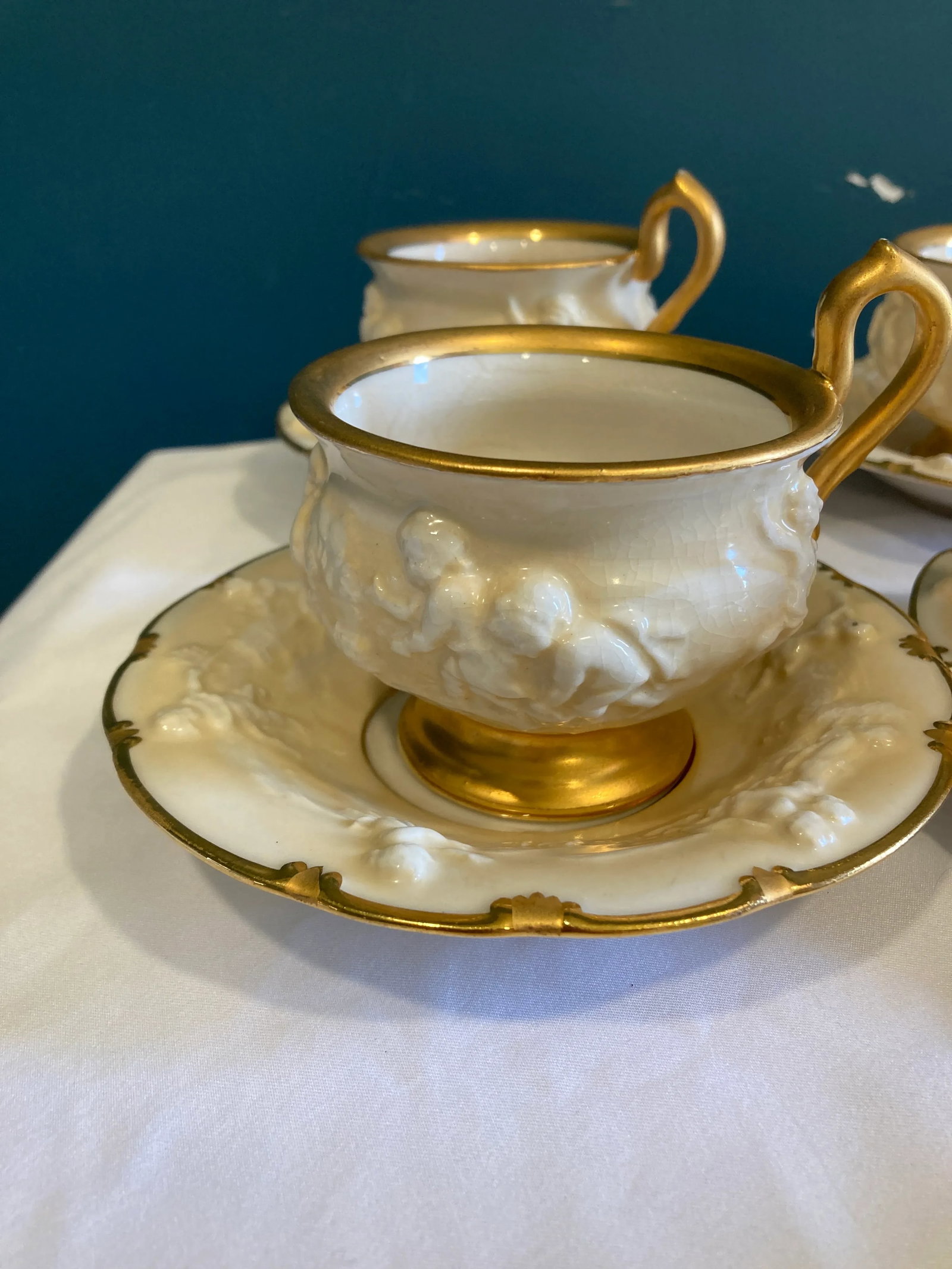 Antique Ernst Bohne Sohne Cherub Teacup and Saucer With Gold Trim Set- 14 Pieces - 5
