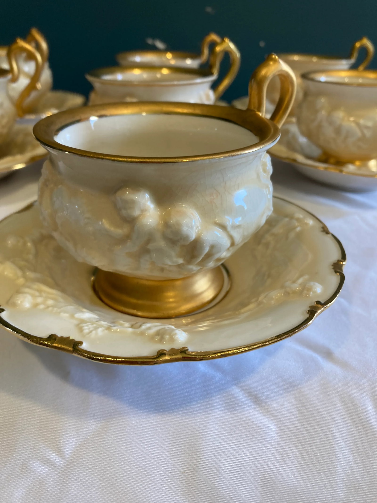 Antique Ernst Bohne Sohne Cherub Teacup and Saucer With Gold Trim Set- 14 Pieces - 6