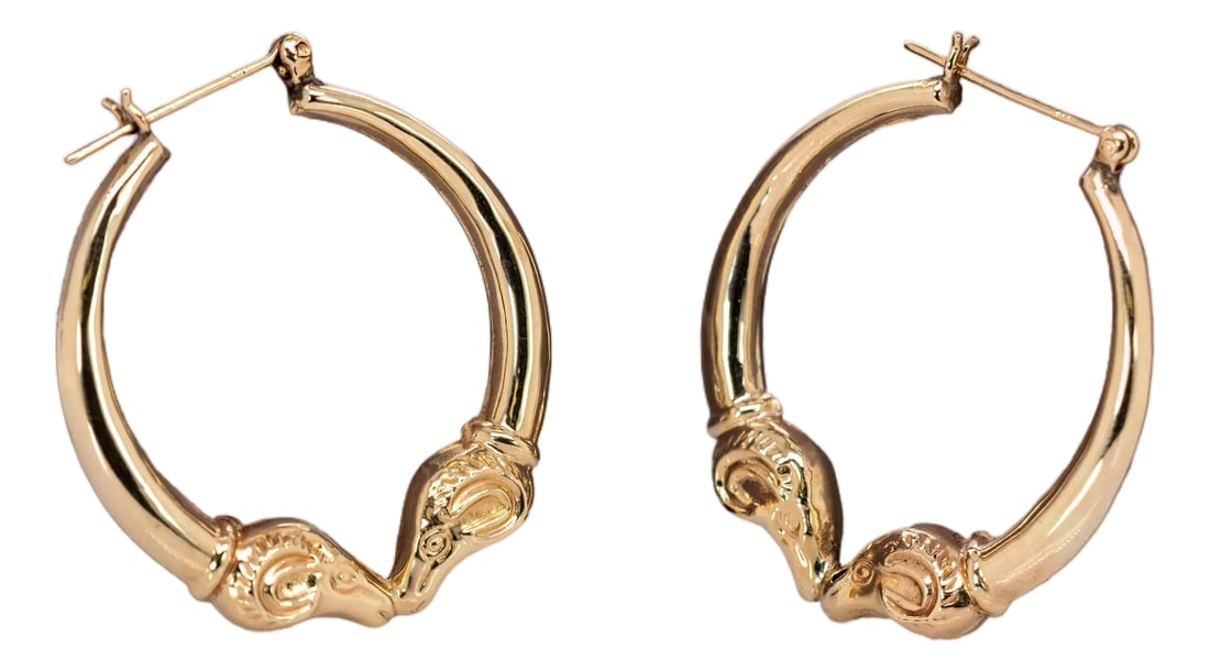 Animal Inspired Estate Hoop Earrings in 14k Solid Gold| Latch Back Closure, 31mm: These eye-catching earrings feature a bold 31mm head size, crafted in 3.21g of 14k gold with an animal-inspired design that adds a touch of wild elegance. Their unique detailing and striking presence