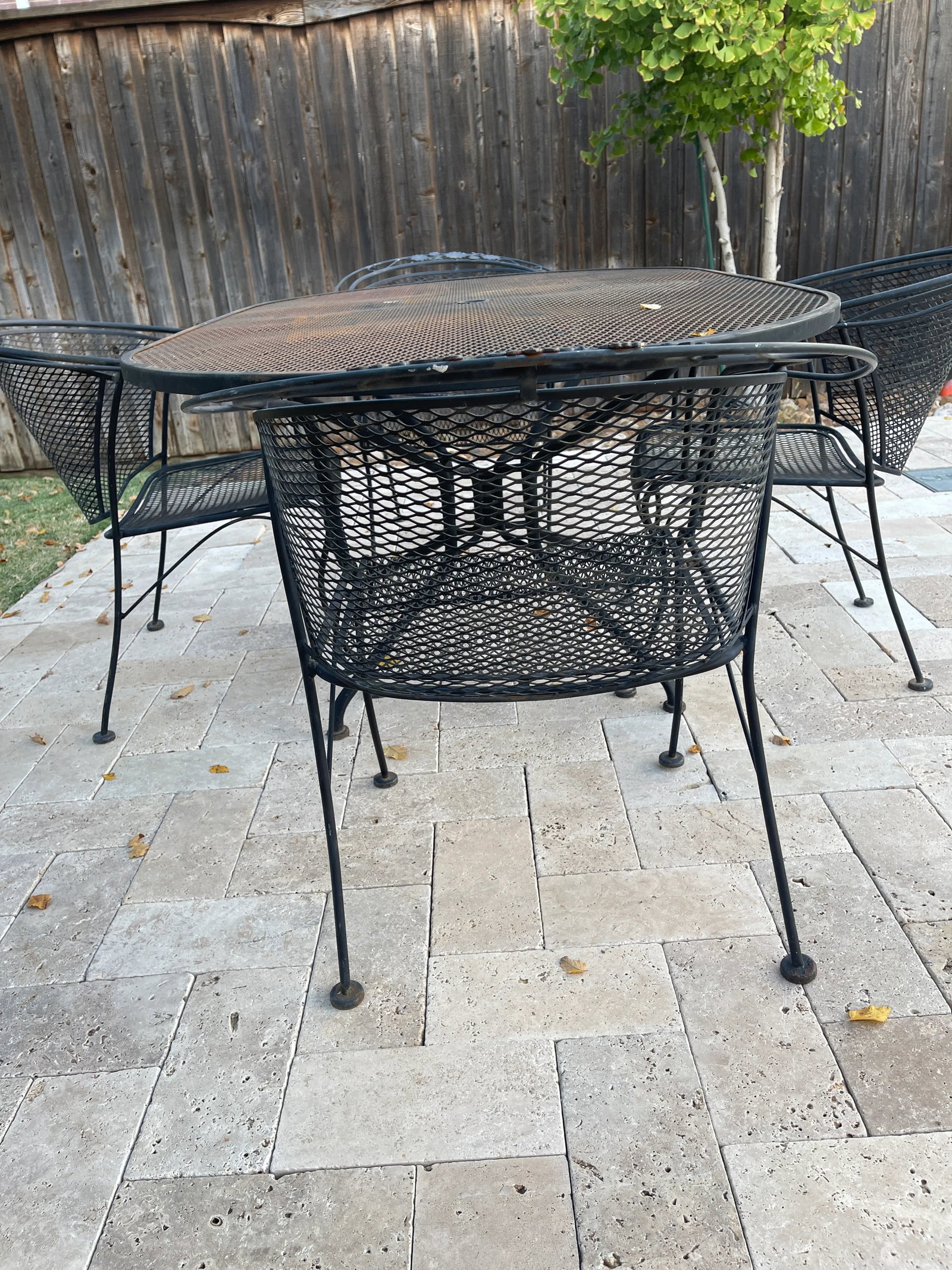 Mid-Century Modern Black Russell Woodard Wrought Iron Outdoor Patio Dinning Set Oval Table and 4 Bar - 8