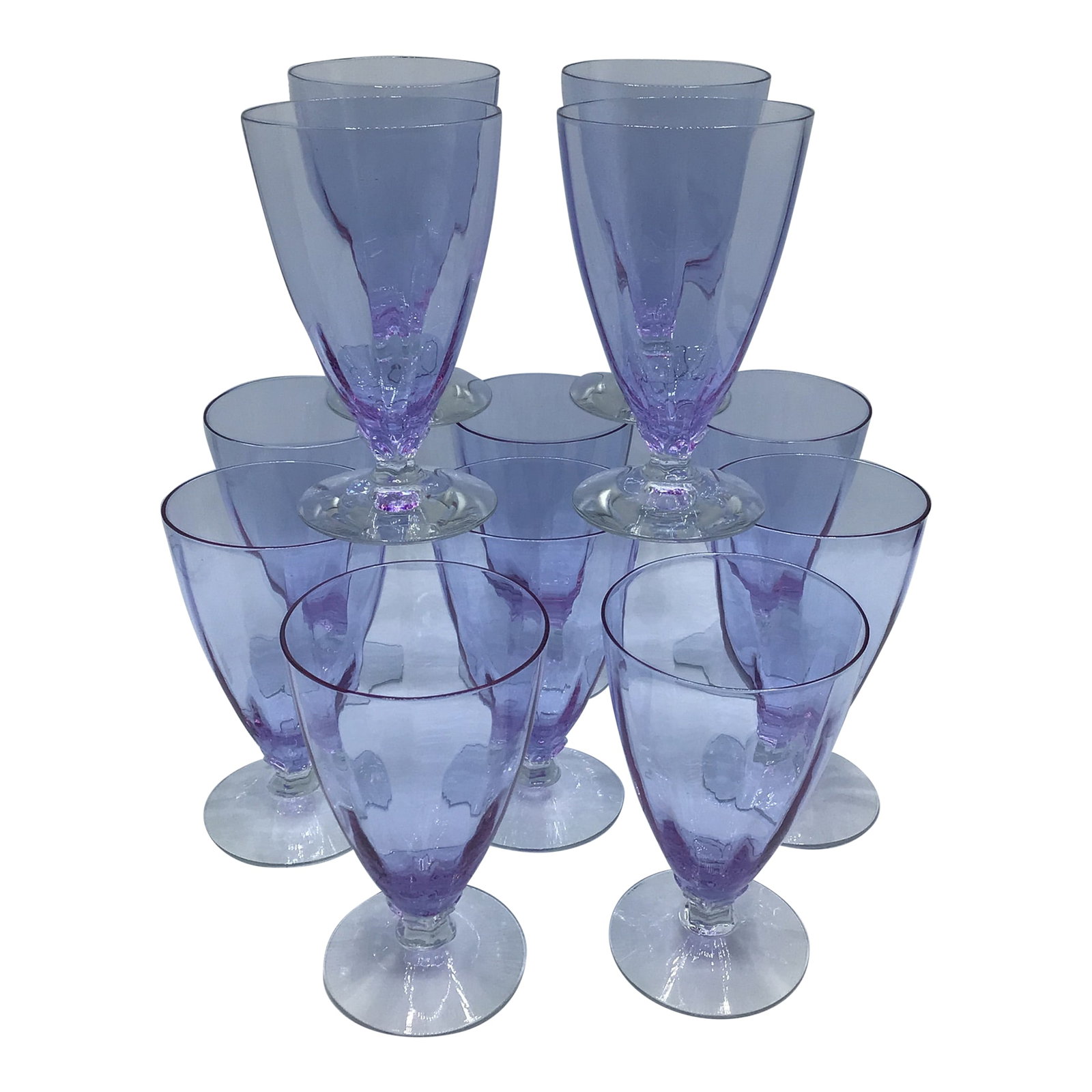 Art Deco Optic Wisteria Footed Tumbler by Fostoria Glassware-Set of 12: Beautiful set of 12 Footed Tumblers made by the Fostoria Glass Company. These glasses take your breath away in person. They are just the perfect lavender hue with so much elegance. Made in the mid 193