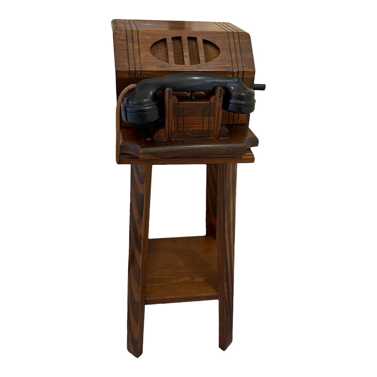 Vintage, Crank Telephone & Stand, Antique Phones: Crank Telephone with Stand. Telephone is 11" wide x 7" tall x 10" deep. Table is 21" tall x 9.5" deep and wide. Decorative, not working condition. Crank works. Very good vintage condition. Fun