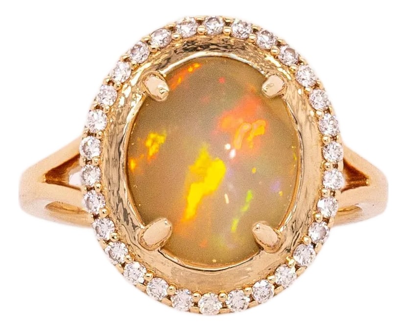 2.4cts Ethiopian Opal Ring With Natural Diamonds Accents: Solid 14k Gold, 11x9mm: 2.4-ct Ethiopian opal ring set in solid 14K gold, with natural diamond accent stones framing an 11 * 9 mm oval opal - a vibrant, elegant piece that combines fiery play-of-color with classic gold