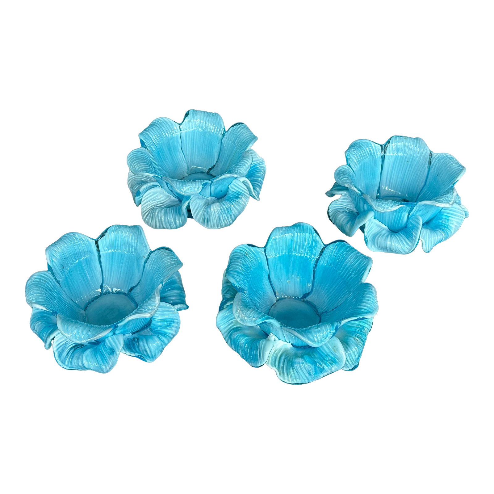 Fratelli Toso Italian Murano Glass Flower Petal Bowl Candle Votive Holders: Set a dramatic dinner party table with this set of vintage Fratelli Toso Italian art glass votive candle holders. Each handblown glass votive bowl is artfully shaped into a double flower petal blossom