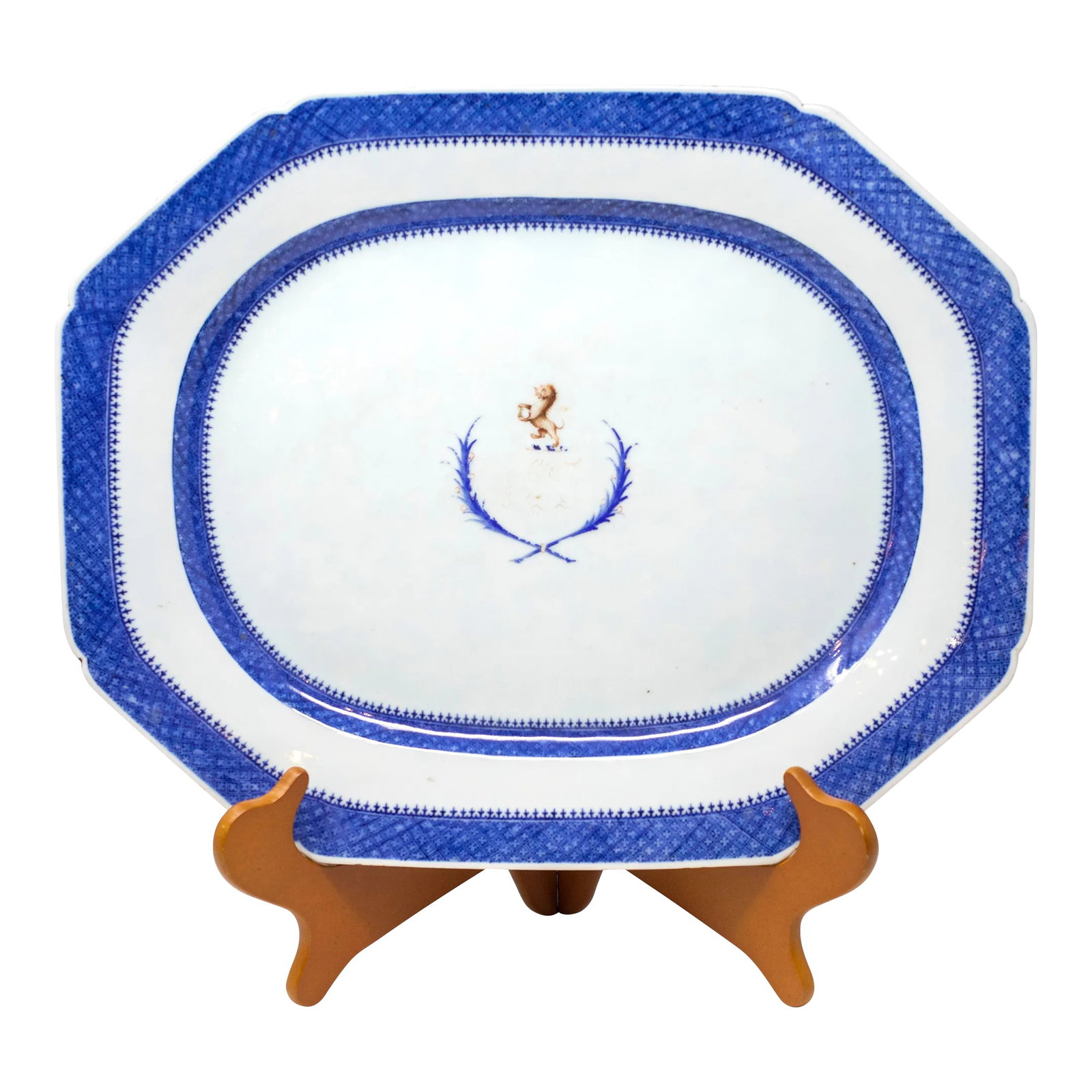Antique Chinese Export Porcelain Large Oval Armorial Blue & White Platter: Chinese Export Porcelain Armorial Oval Platter in Blue and White. This handmade platter is 18th Century. The Armorial dishes have a central armorial design in the center with hand painted gilt. This