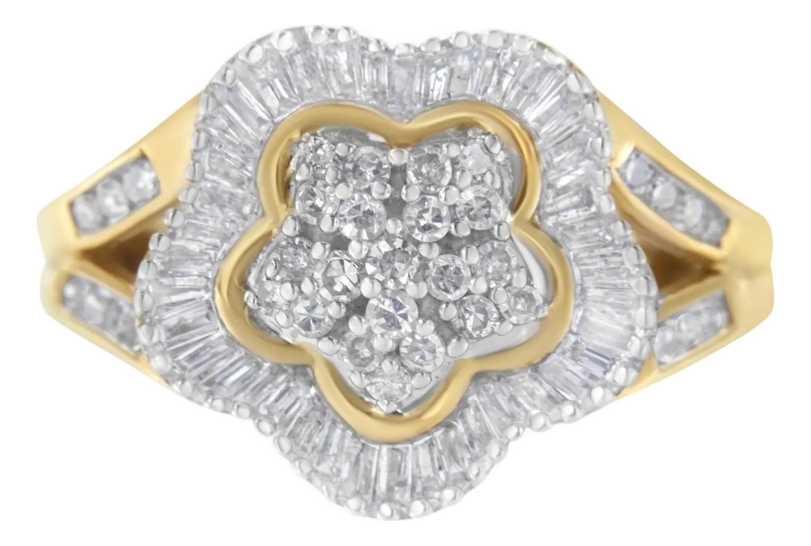 10KT Yellow Gold Round and Baguette Cut Diamond Ballerina Ring (1 cttw, I-J Color, SI1-SI2 Clarity): A captivating arrangement of 1ct round and baguette cut diamonds create a stunning raised floral design. Ribbons of 10k yellow gold split at the top half of the ring to gently embrace the diamond