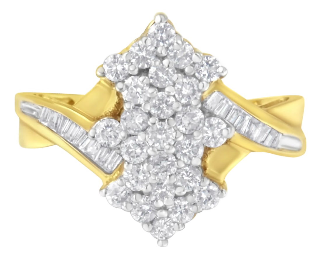 10K Yellow Gold Round And Baguette Cut Diamond Cluster Ring (1 1/10 Cttw, H-I Color, SI2-I1 Clarity): On top of a 10k yellow gold ring, sits a unique and eye catching 1 1/20ct round and baguette cut diamond cluster. The geometrical diamond design is held in place by two semi braded ribbons that make