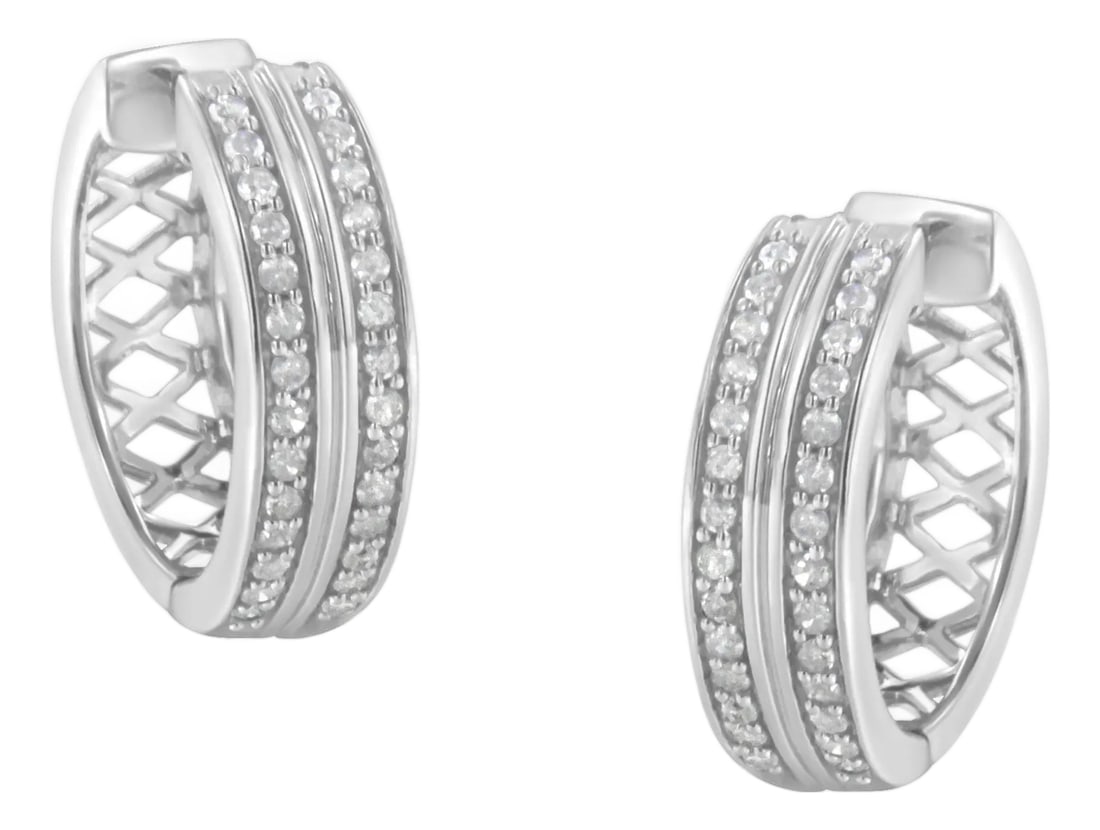10K White Gold Diamond Hoop Earring (1/2 cttw, I-J Color, I2-I3 Clarity): Exuberant hoop earrings made with 10k white gold and genuine diamonds. The round format of the earring contains 56 diamonds with a cut-shape and a pave setting. This silver-plated colored jewelry