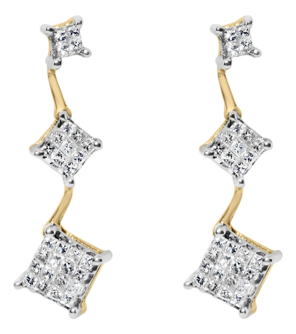 14K Yellow Gold 1 cttw Princess Cut Diamond Earrings (H-I, SI1-SI2): Grace, her look with the dainty style of these diamond earrings. Featuring a modern design, the dangle earrings are crafted in precious 14 karats yellow gold. Each sparkling dangle has a trio of