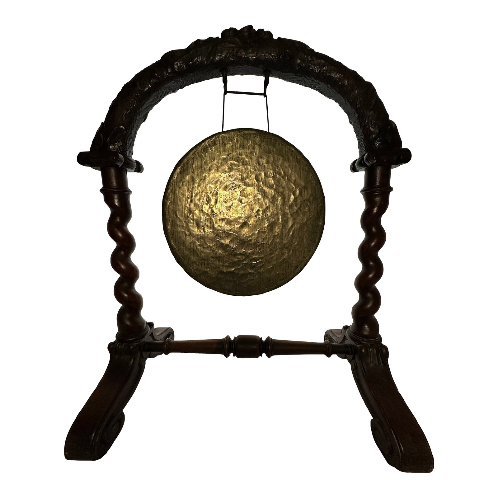 Antique English Carved Oak & Brass Dinner Gong W/ Barley Twist Legs & Mallet: This antique English carved oak and brass dinner gong with barley twist legs is a unique and decorative piece that adds a touch of history and charm to any room. The gong features a hammered brass