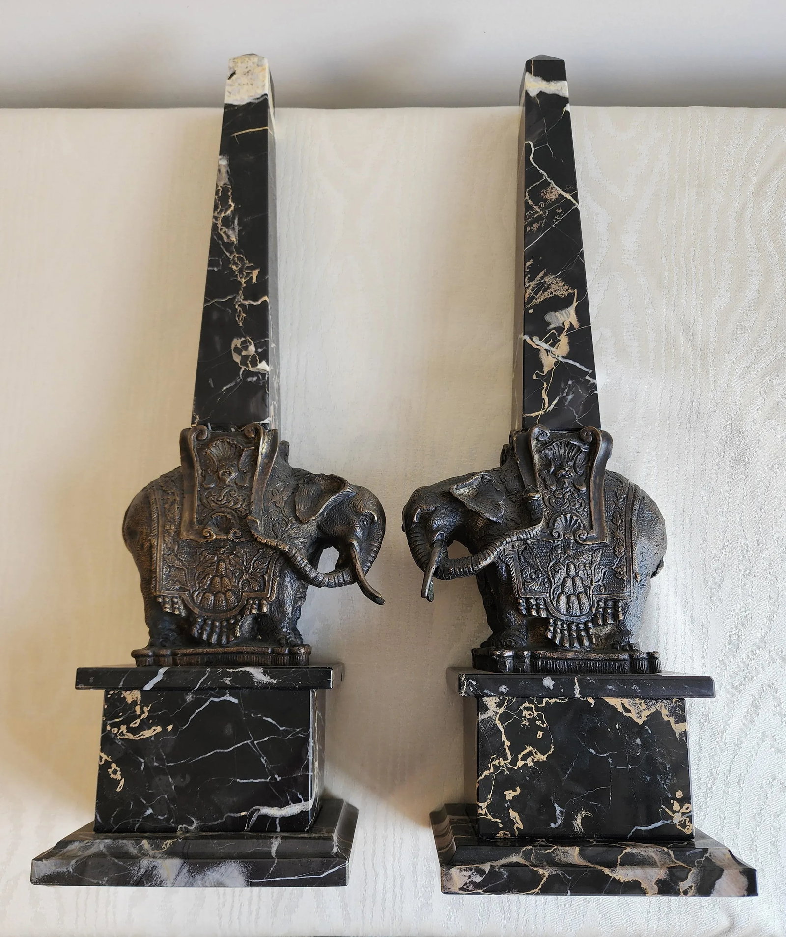 Pair of Antique Grand Tour Portero Marble Obelisks With Bernini Style Bronze Elephants - 12