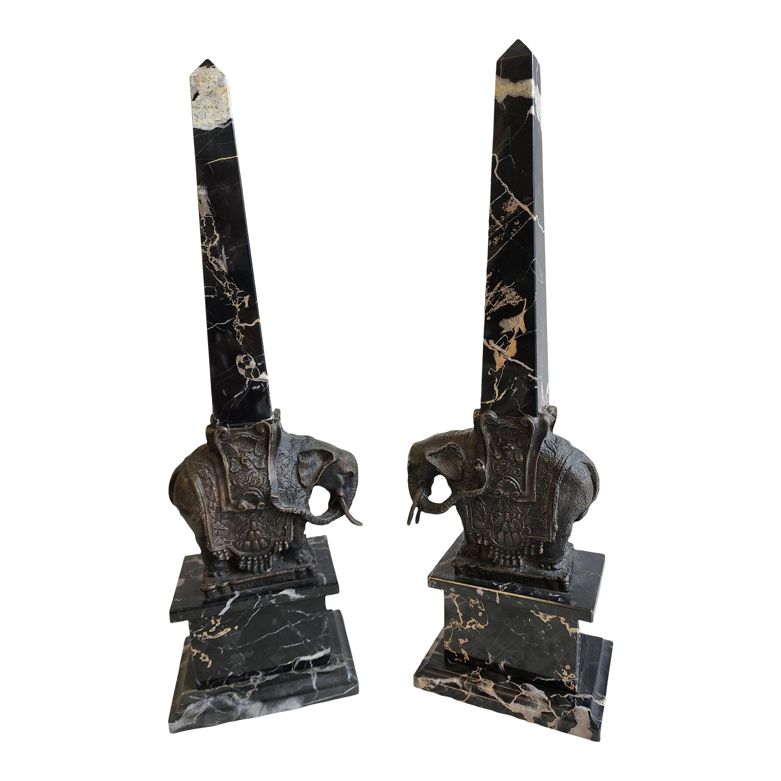 Pair of Antique Grand Tour Portero Marble Obelisks With Bernini Style Bronze Elephants: Intricate and detailed sculptural Bernini style bronze elephants supporting a Portero marble obelisk on a matching marble plinth. The Portero marble is comprised of crystalline black marble with