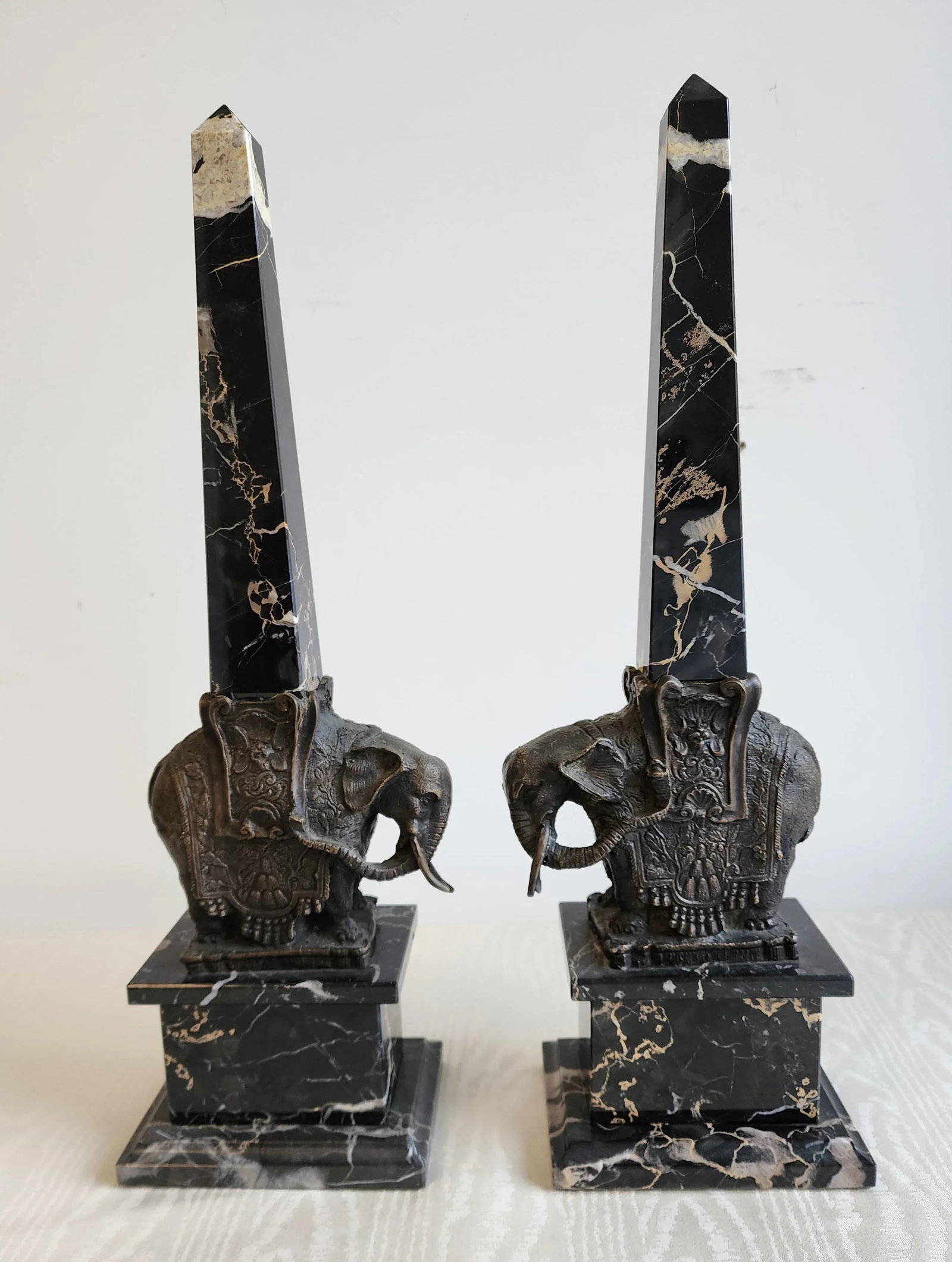 Pair of Antique Grand Tour Portero Marble Obelisks With Bernini Style Bronze Elephants - 2