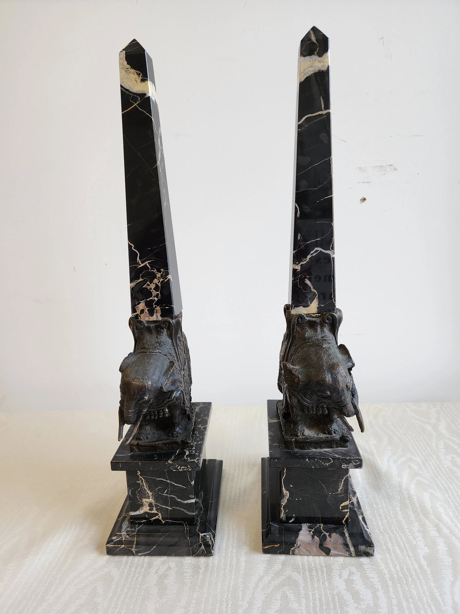 Pair of Antique Grand Tour Portero Marble Obelisks With Bernini Style Bronze Elephants - 3