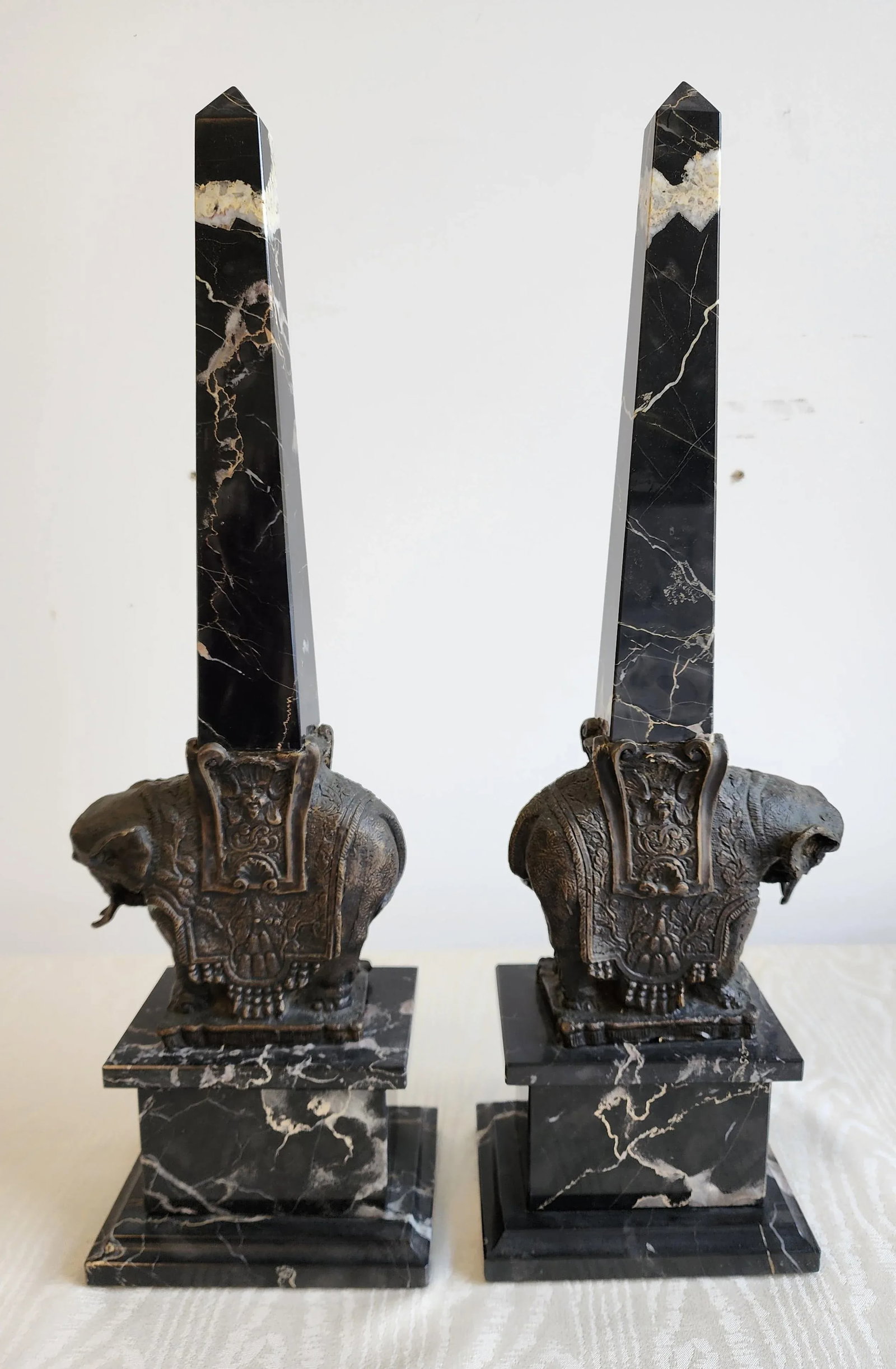 Pair of Antique Grand Tour Portero Marble Obelisks With Bernini Style Bronze Elephants - 4