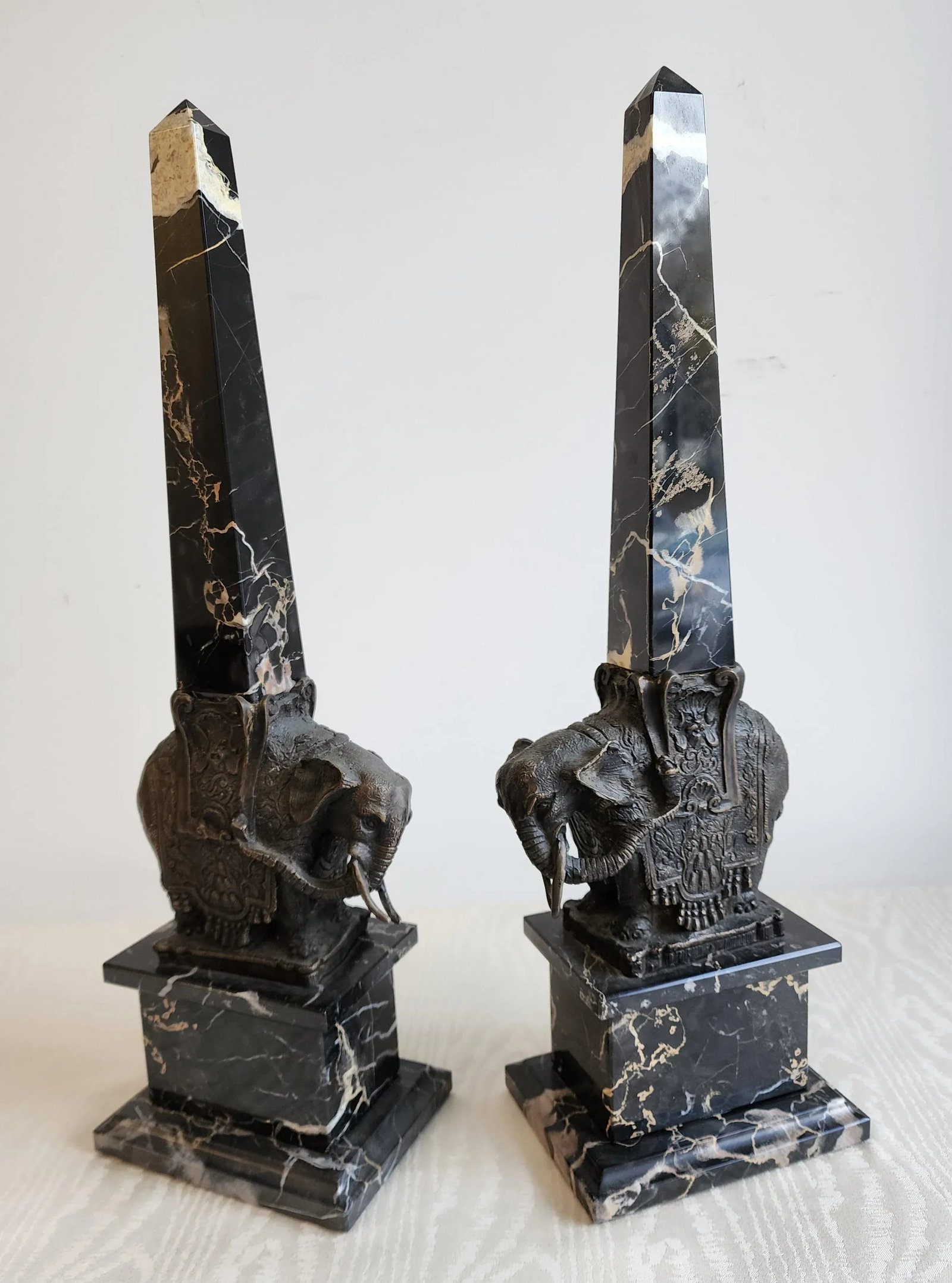Pair of Antique Grand Tour Portero Marble Obelisks With Bernini Style Bronze Elephants - 5
