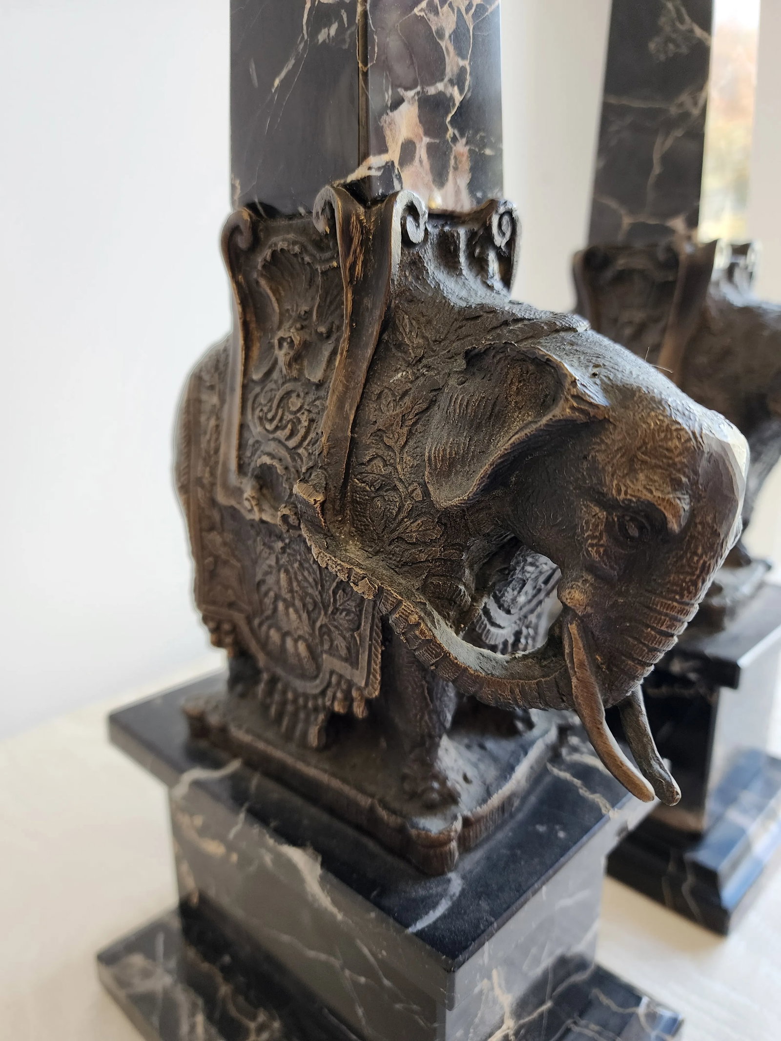 Pair of Antique Grand Tour Portero Marble Obelisks With Bernini Style Bronze Elephants - 7