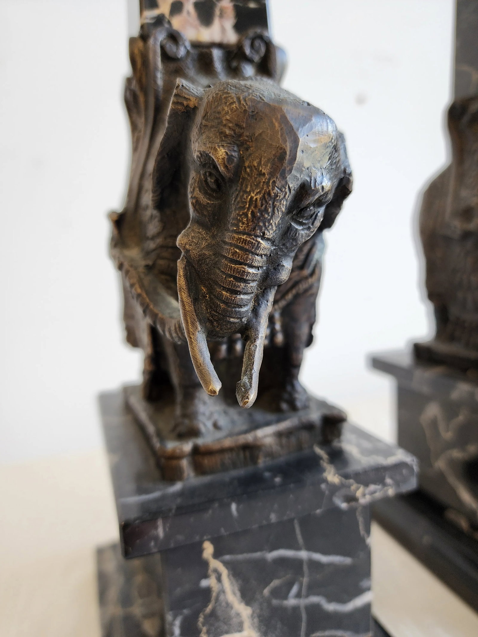 Pair of Antique Grand Tour Portero Marble Obelisks With Bernini Style Bronze Elephants - 8