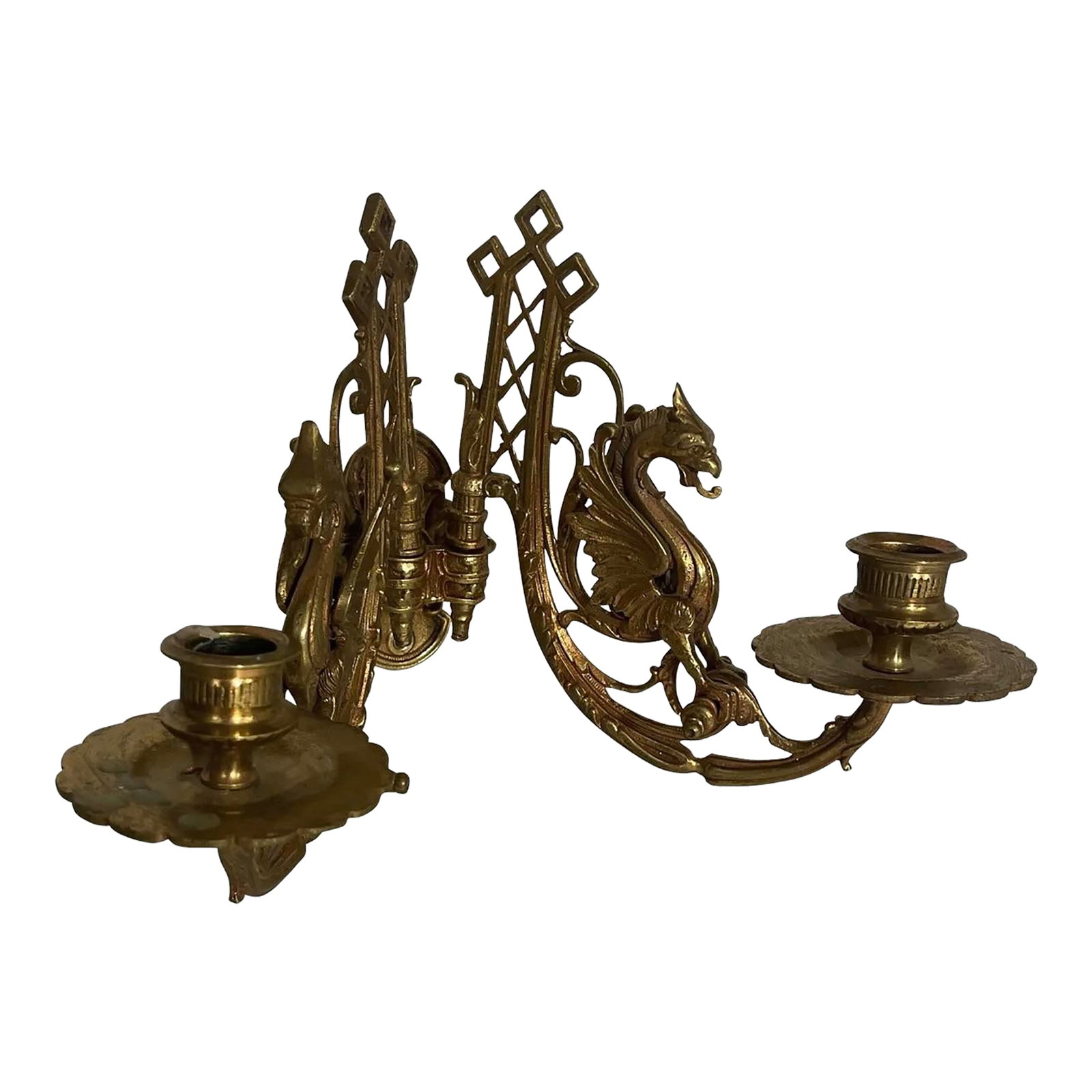 Antique Late 19th Century French Winged Griffin Double Light Wall Candelabra Sconce: Antique European Brass Figural 2 light candelabra wall sconce in the Renaissance revival style featuring a pair of arms in the form of winged griffins Condition: Alterations: Original Condition